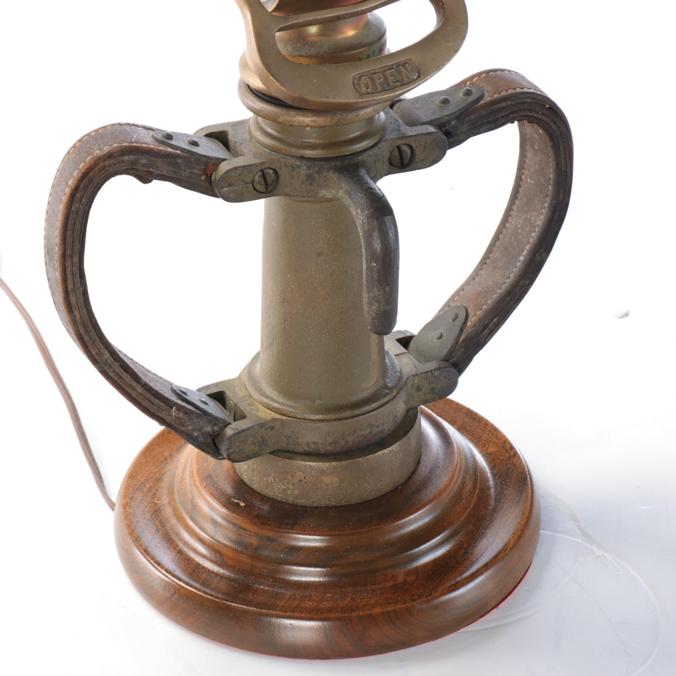 Brass Powhatan Fire Hose Nozzle Table Lamp With Pleated Shade