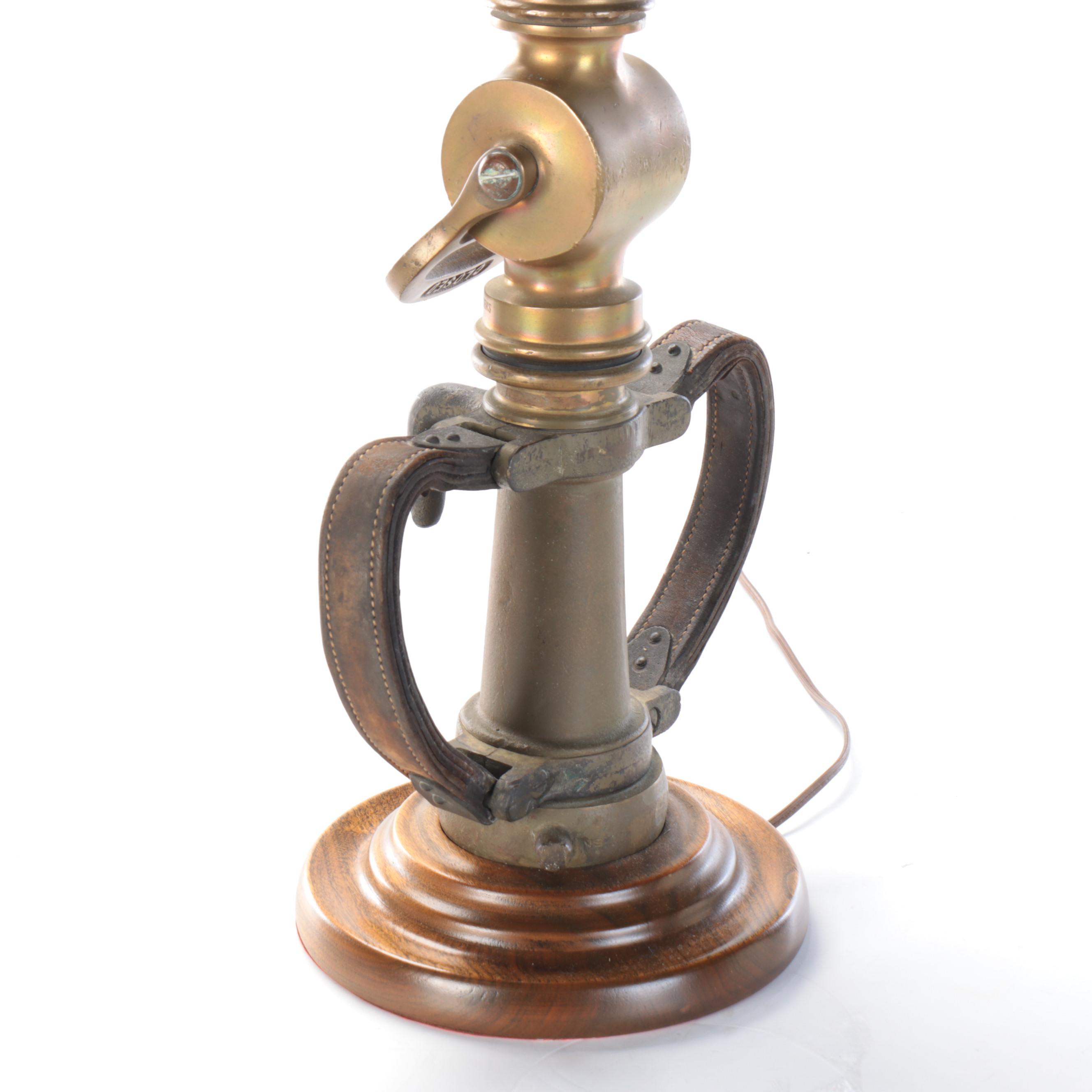 Brass Powhatan Fire Hose Nozzle Table Lamp With Pleated Shade