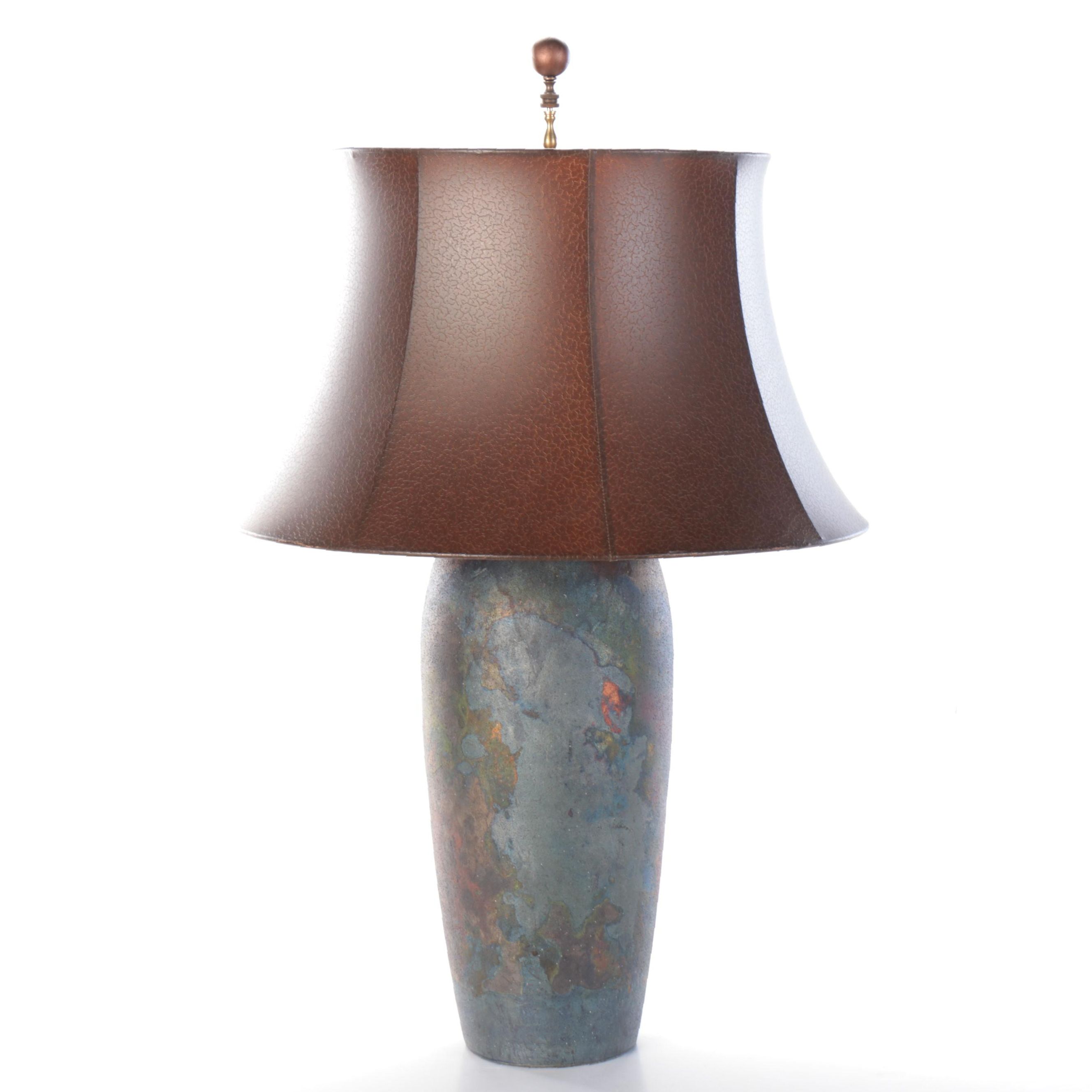Raku Pottery Table Lamp with Faux Leather Drum Shade, 21st Century
