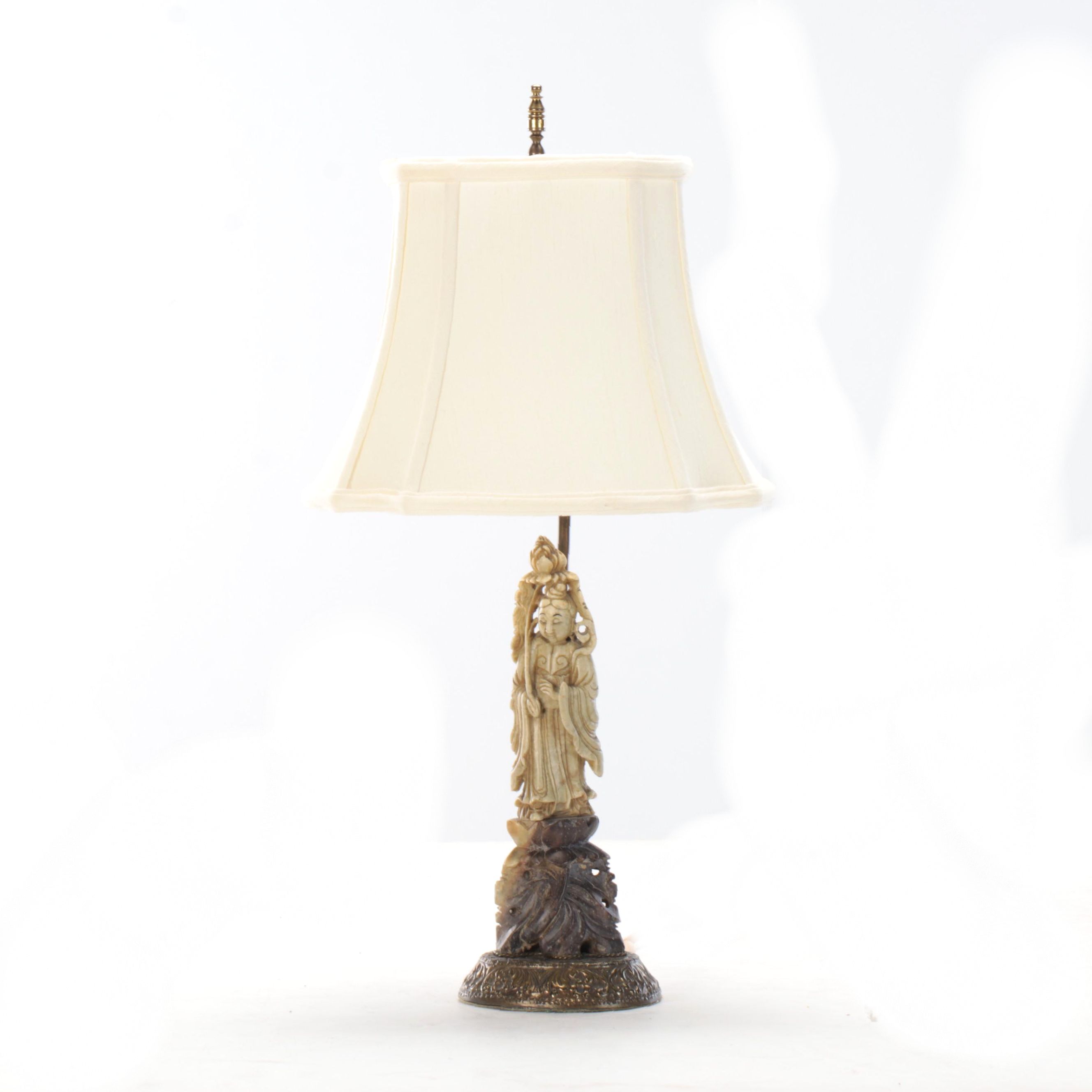Chinese Carved Soapstone Figurine On Cast Metal Table Lamp
