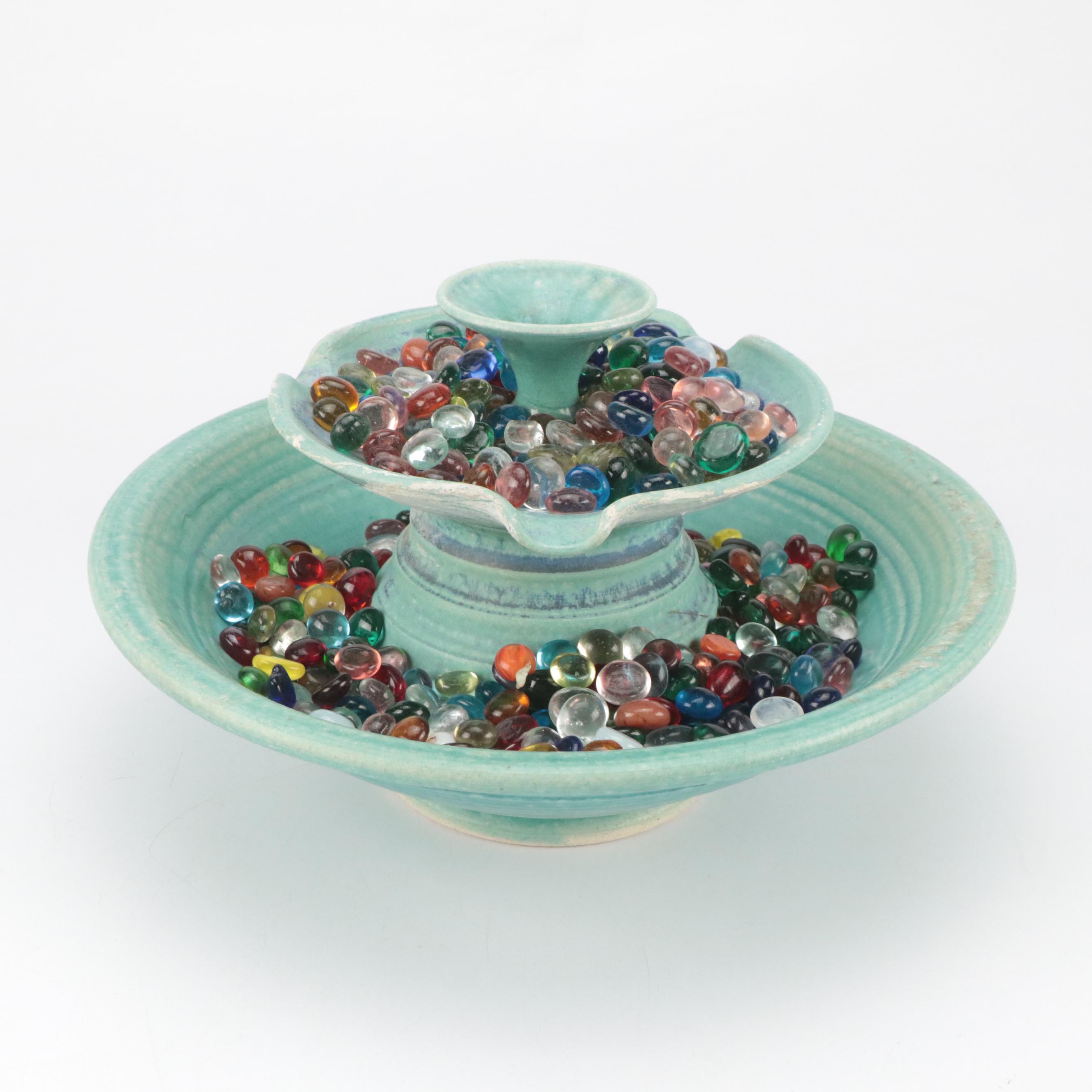 Wheel-Thrown Art Pottery Table Fountain with Glass Marbles