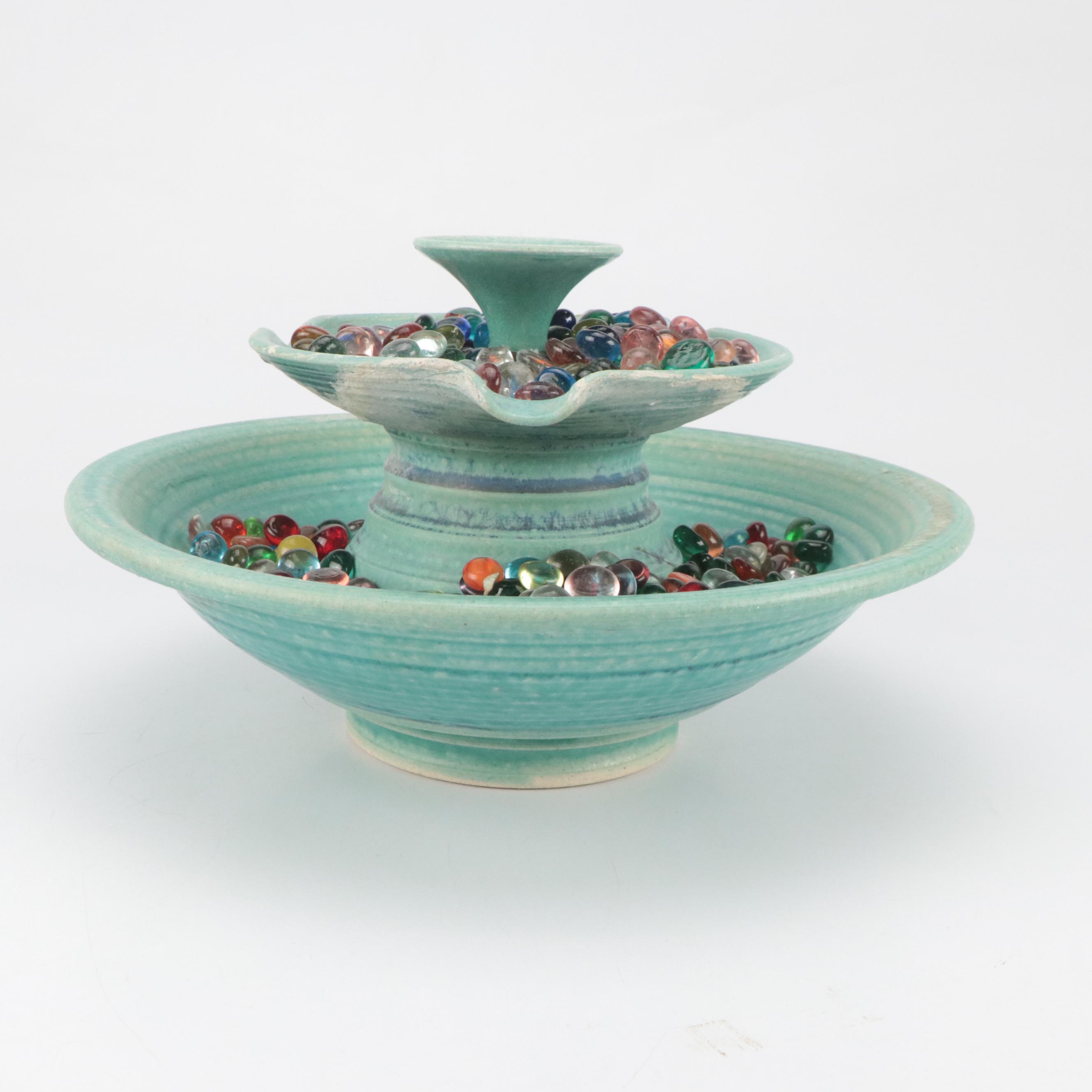 Wheel-Thrown Art Pottery Table Fountain with Glass Marbles