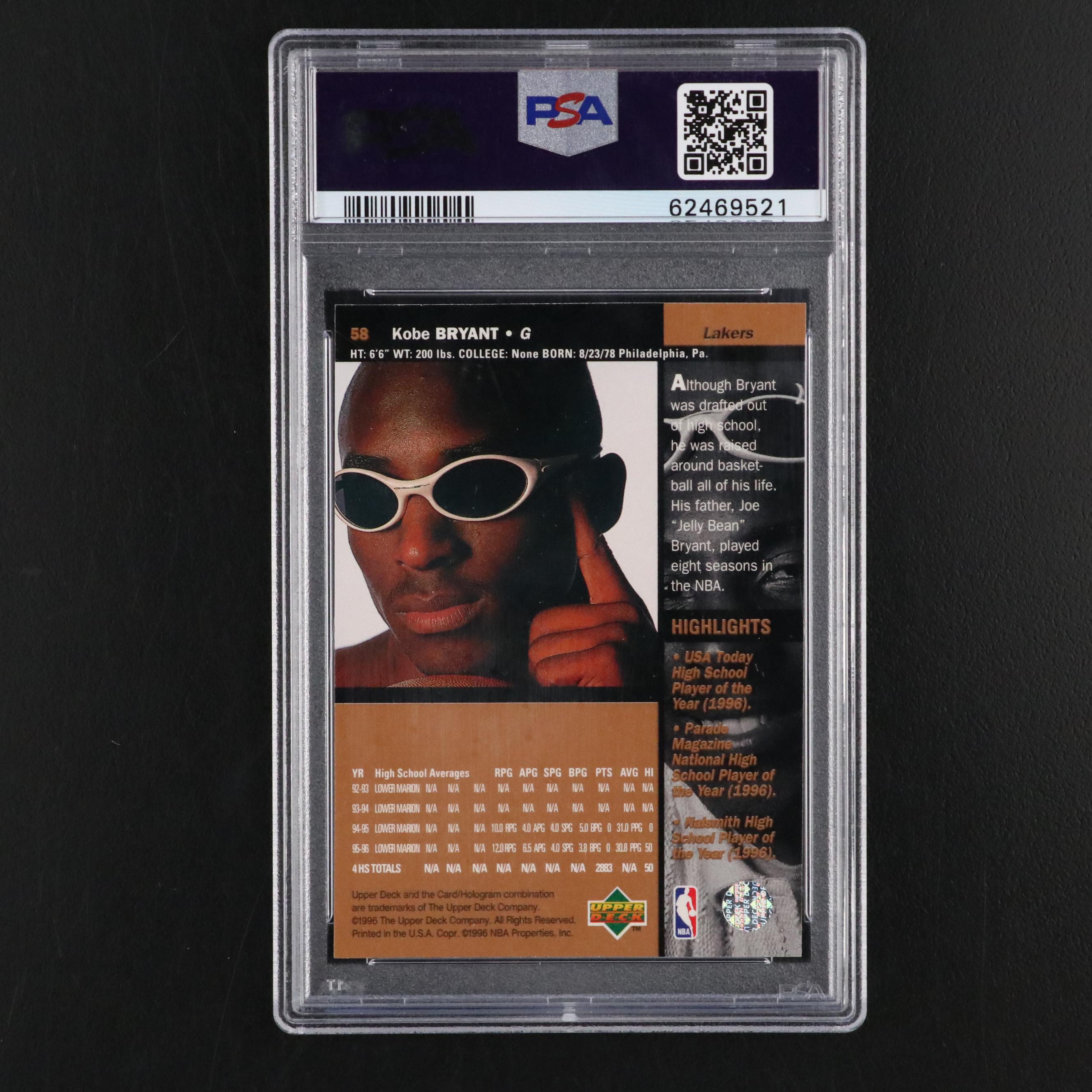 1996 Upper Deck Kobe Bryant Los Angeles Lakers Rookie Card #58 Graded PSA 9 Mint