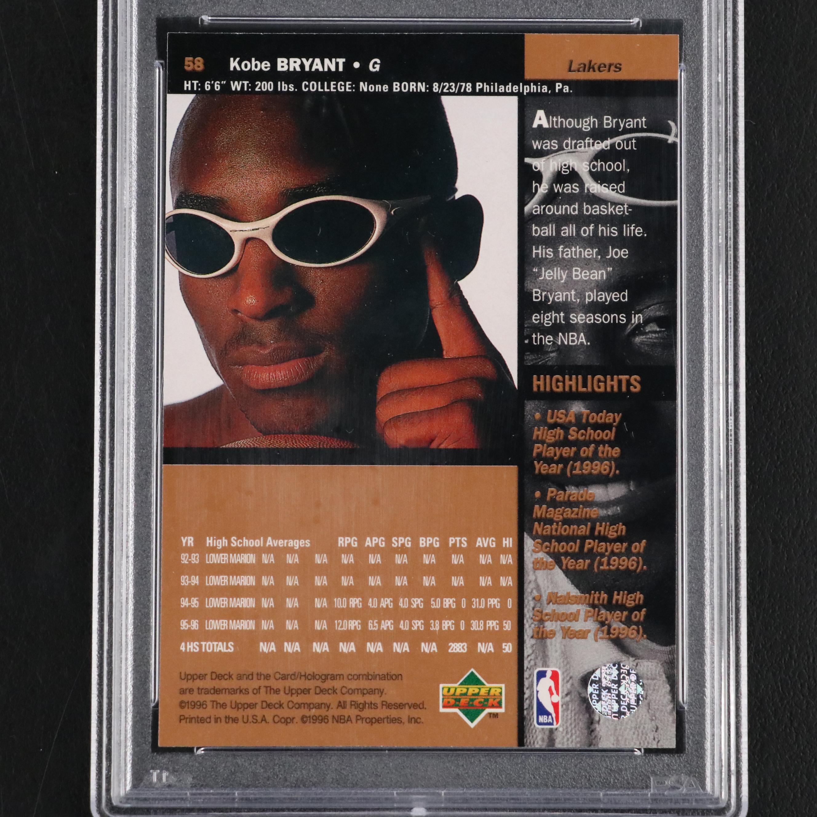 1996 Upper Deck Kobe Bryant Los Angeles Lakers Rookie Card #58 Graded PSA 9 Mint
