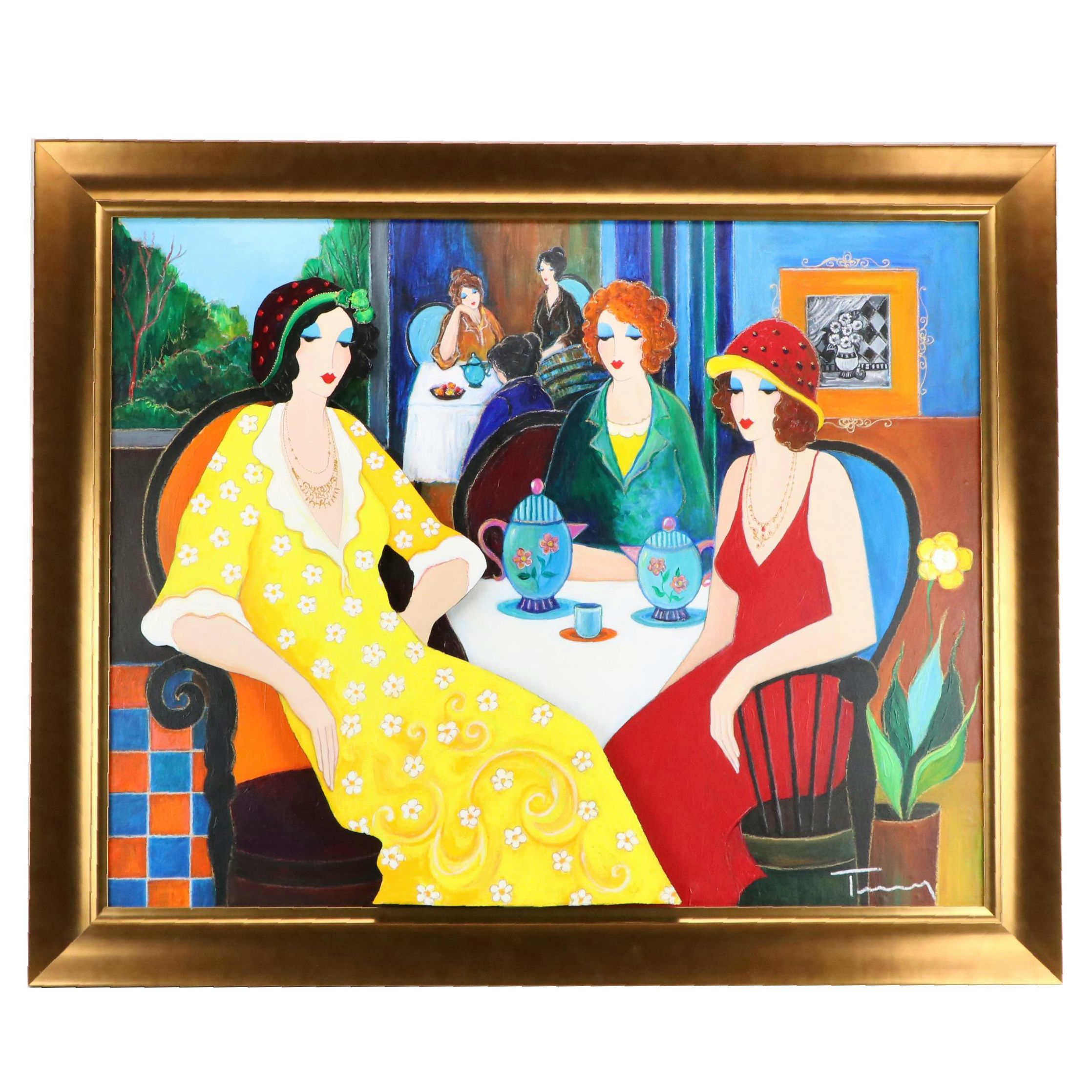 Itzchak Tarkay Cafe Scene Dimensional Mixed Media Painting