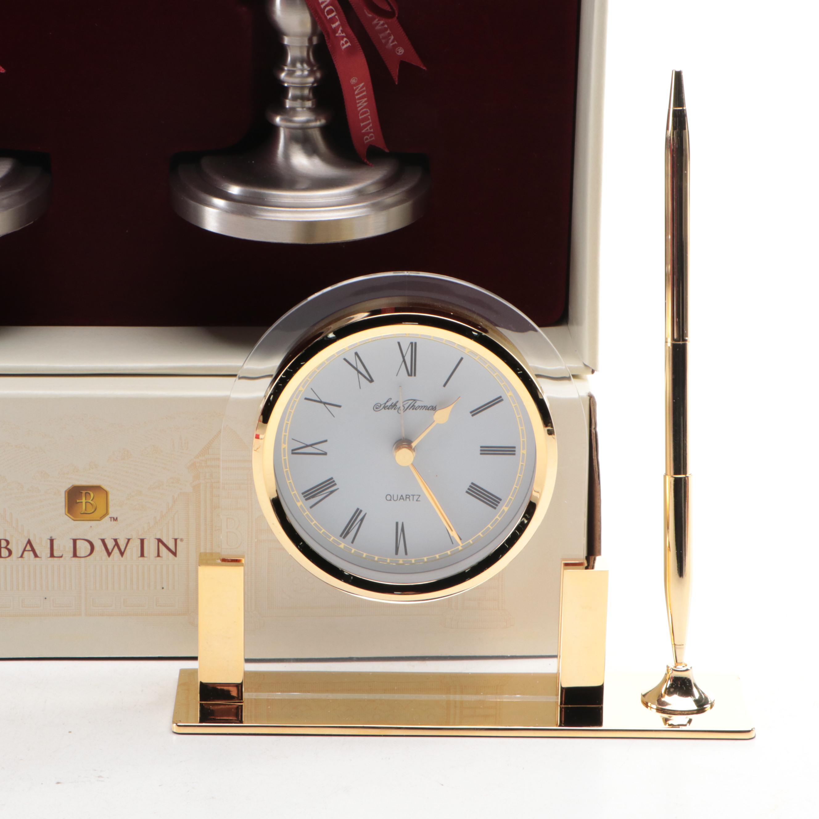 Pair of Baldwin Turned Pewter Candlesticks with Seth Thomas Desk Clock