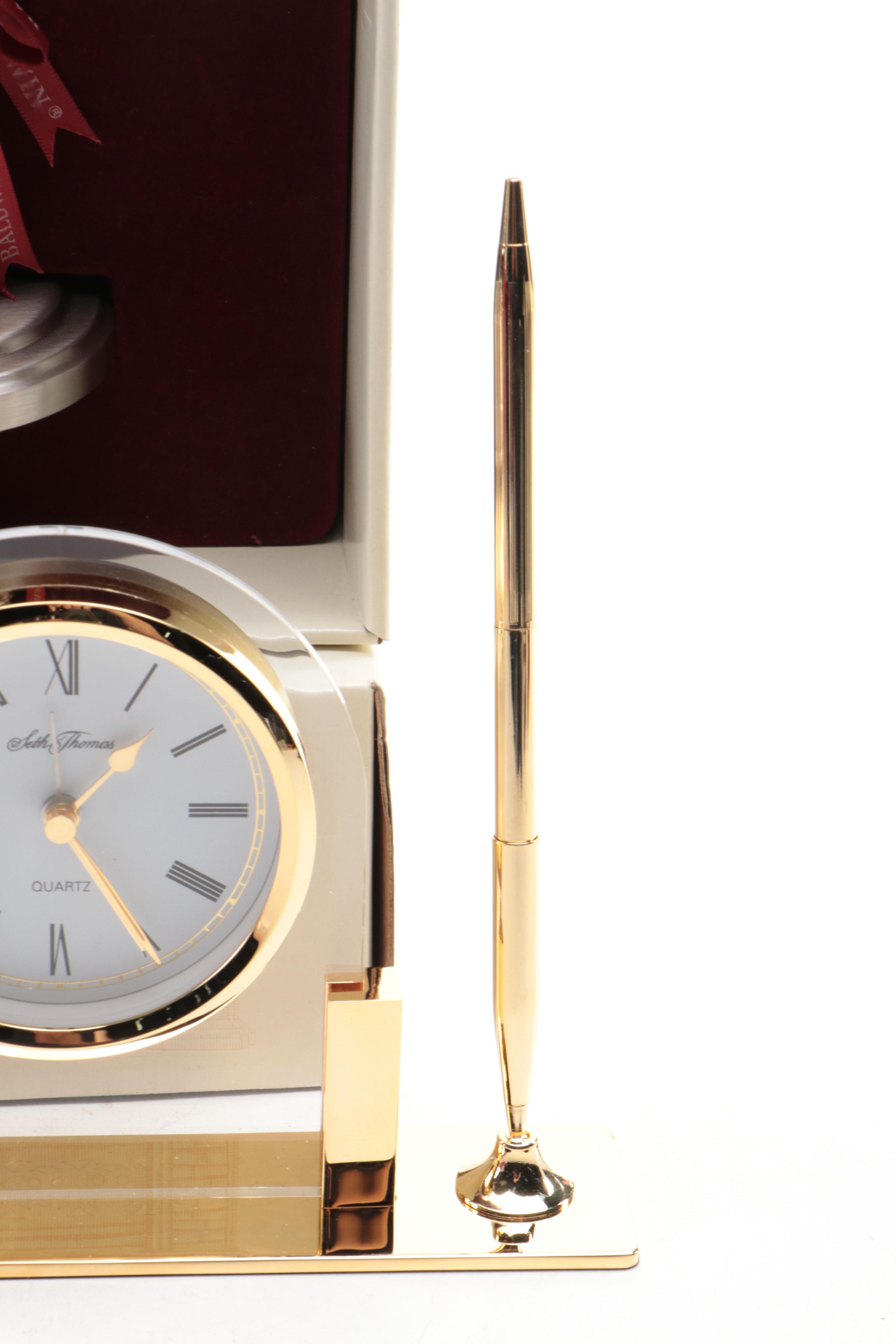 Pair of Baldwin Turned Pewter Candlesticks with Seth Thomas Desk Clock