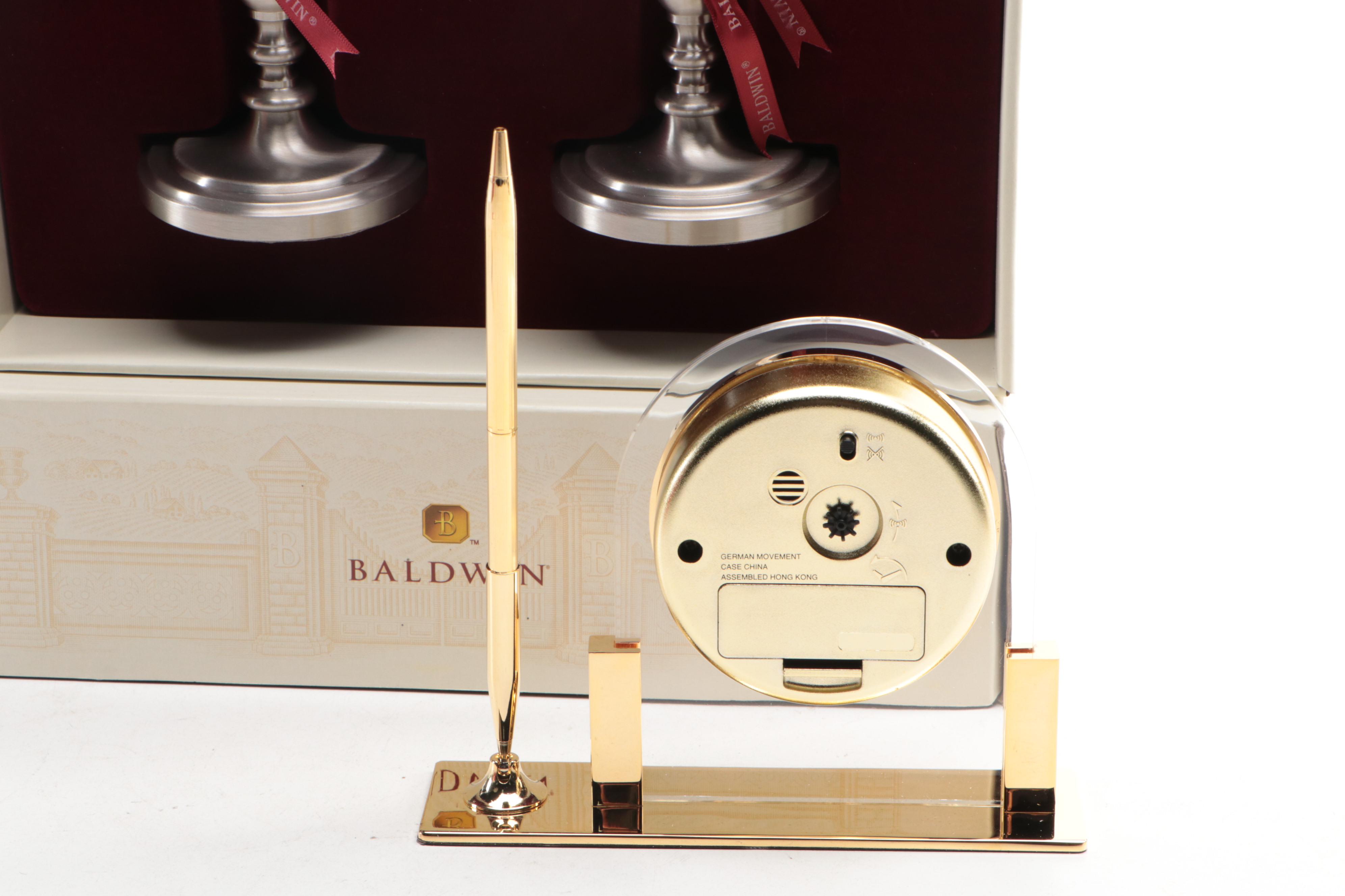 Pair of Baldwin Turned Pewter Candlesticks with Seth Thomas Desk Clock