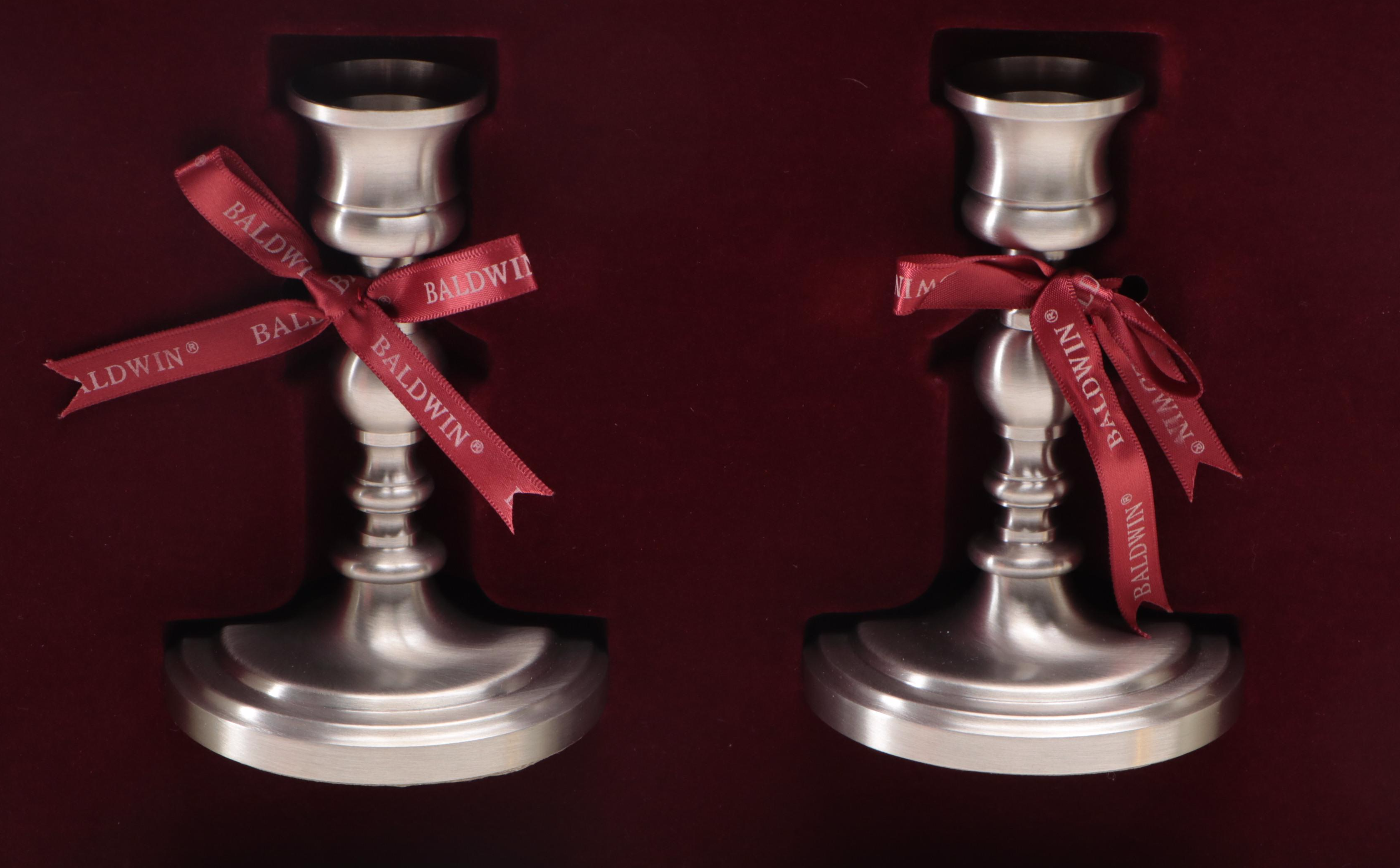Pair of Baldwin Turned Pewter Candlesticks with Seth Thomas Desk Clock