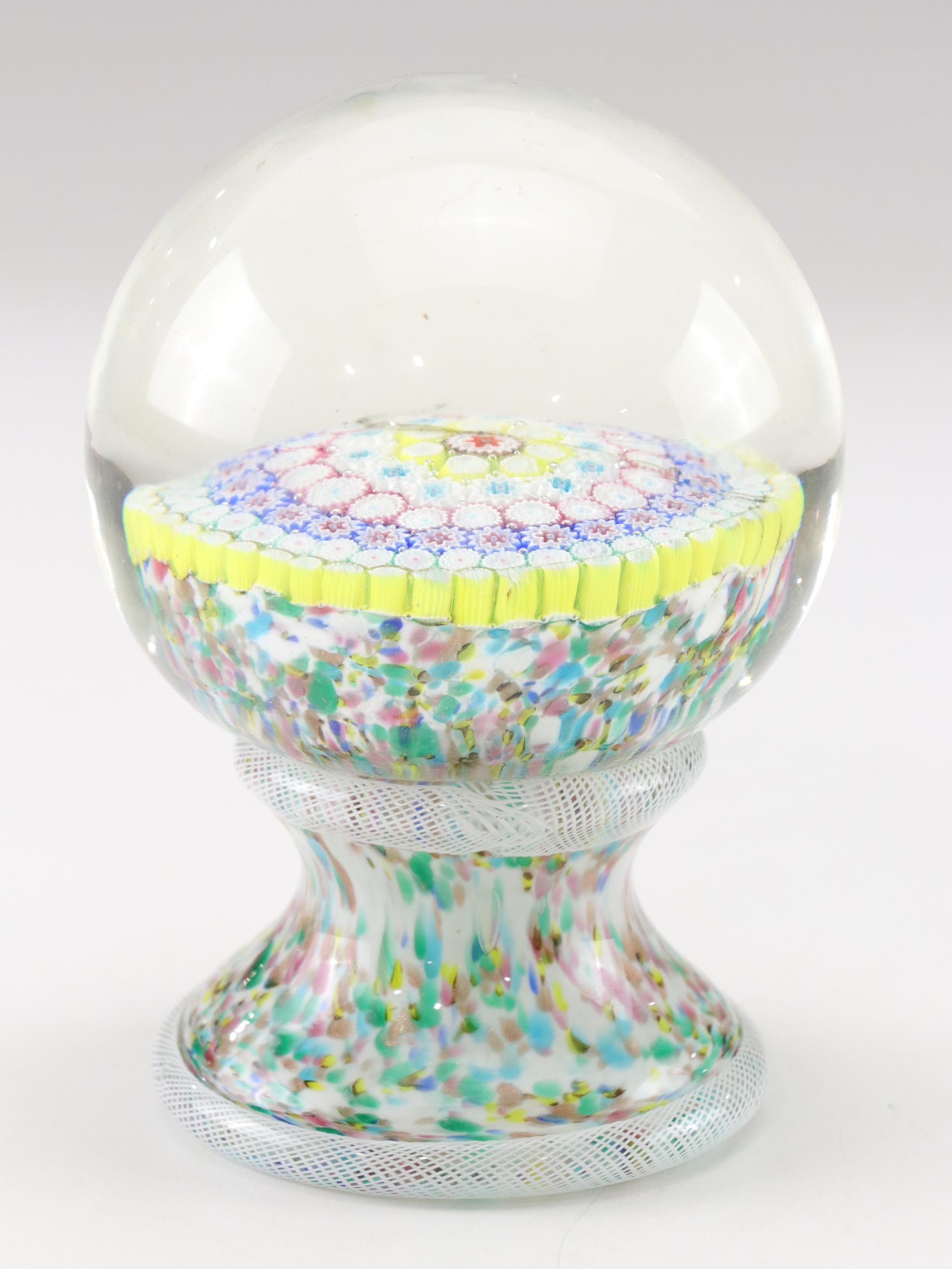Millefiori Art Glass Paperweights Featuring Perthshire and Footed Design