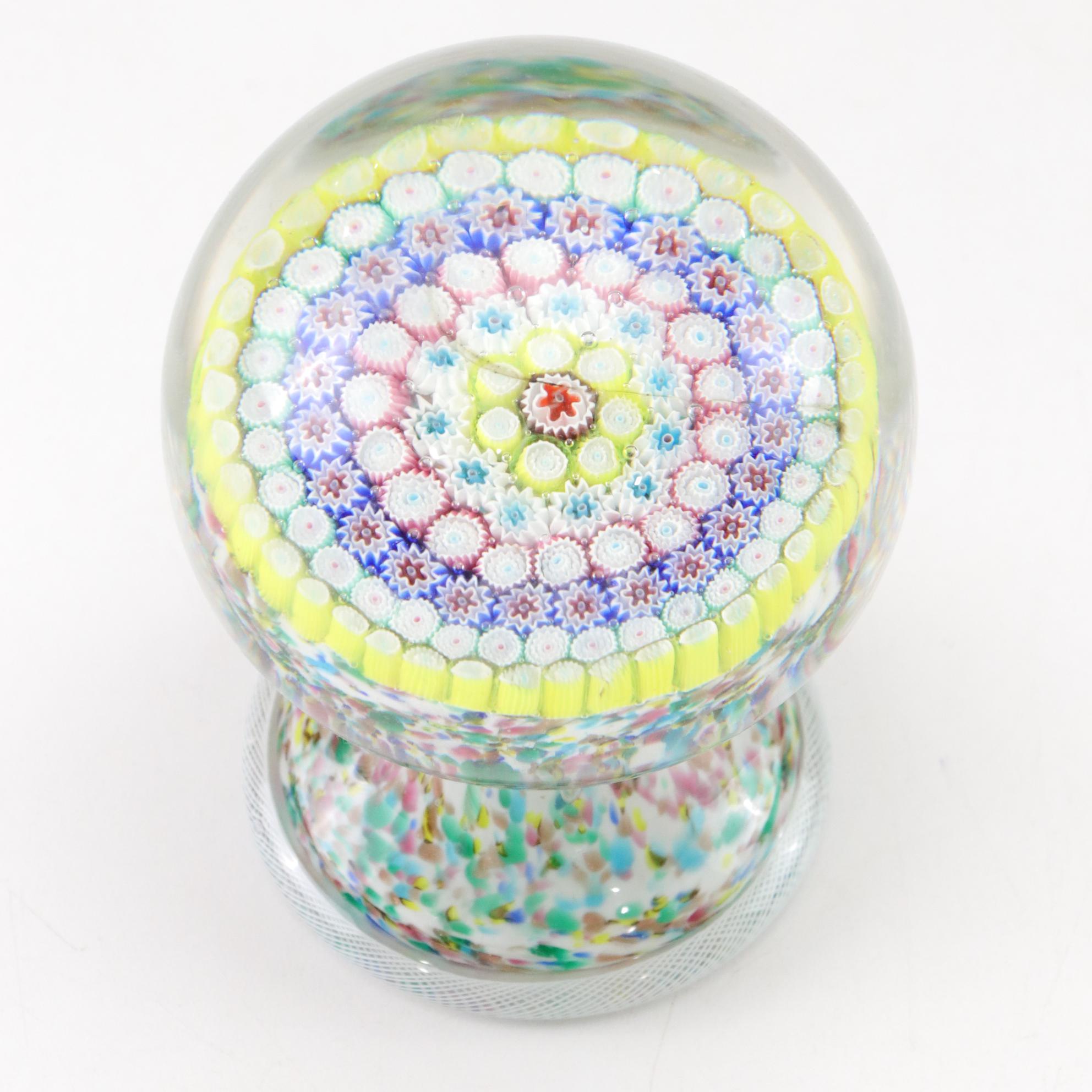 Millefiori Art Glass Paperweights Featuring Perthshire and Footed Design