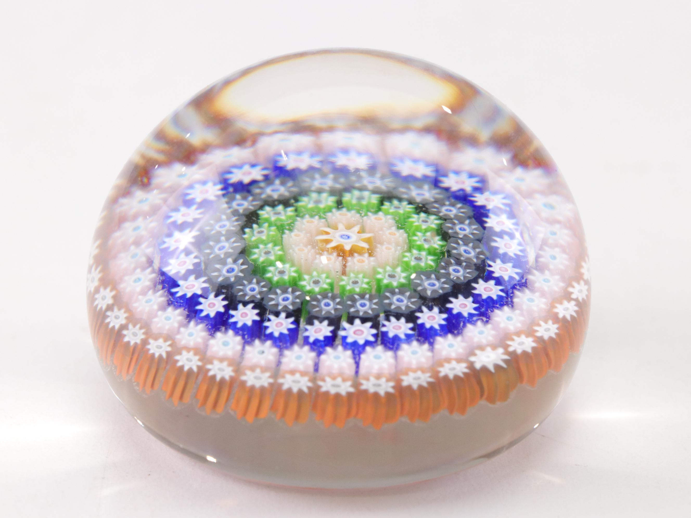 Millefiori Art Glass Paperweights Featuring Perthshire and Footed Design