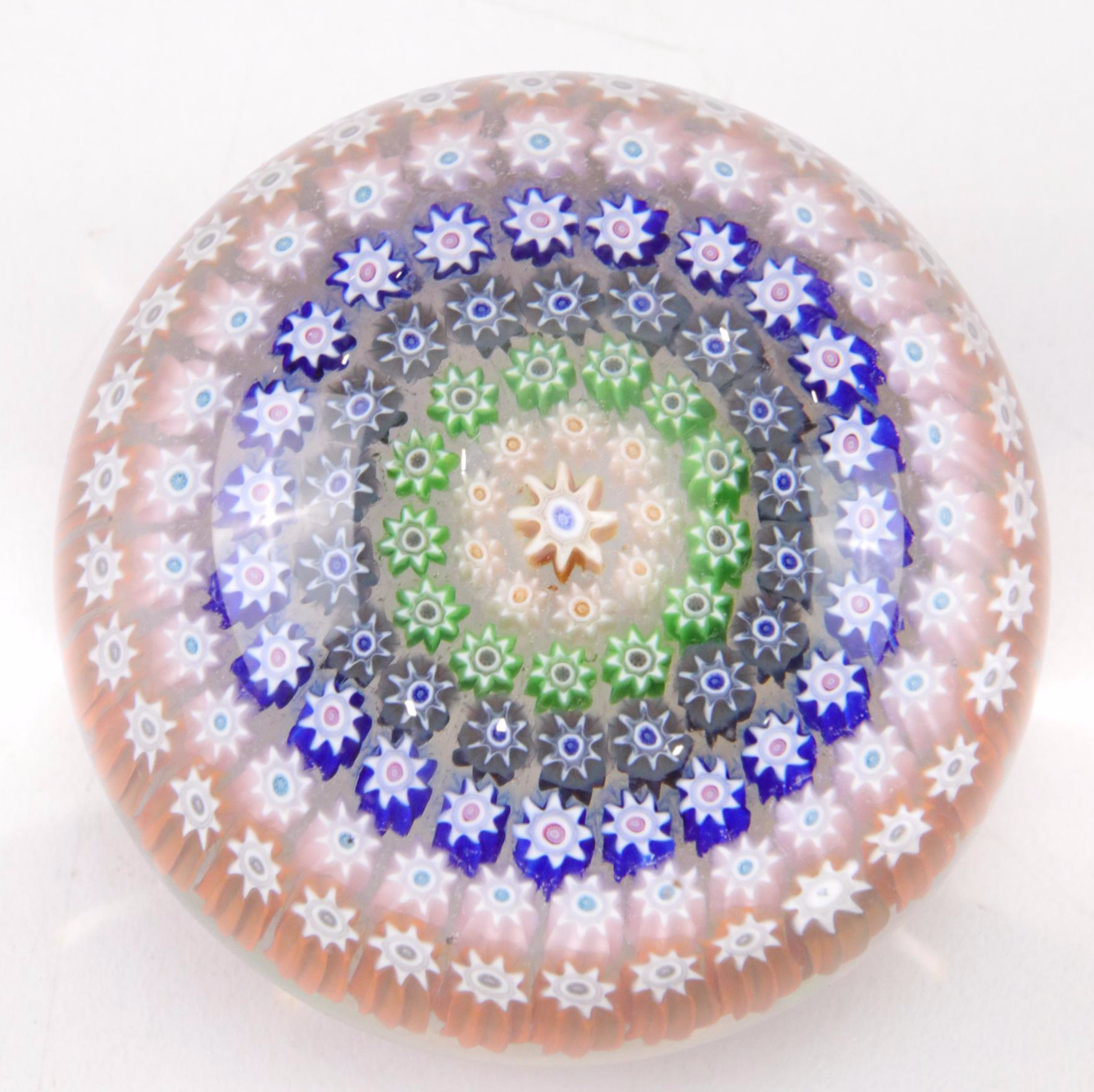 Millefiori Art Glass Paperweights Featuring Perthshire and Footed Design