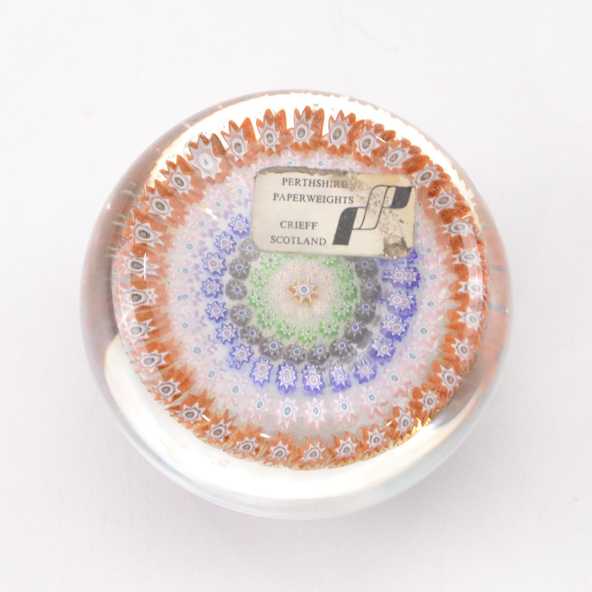 Millefiori Art Glass Paperweights Featuring Perthshire and Footed Design
