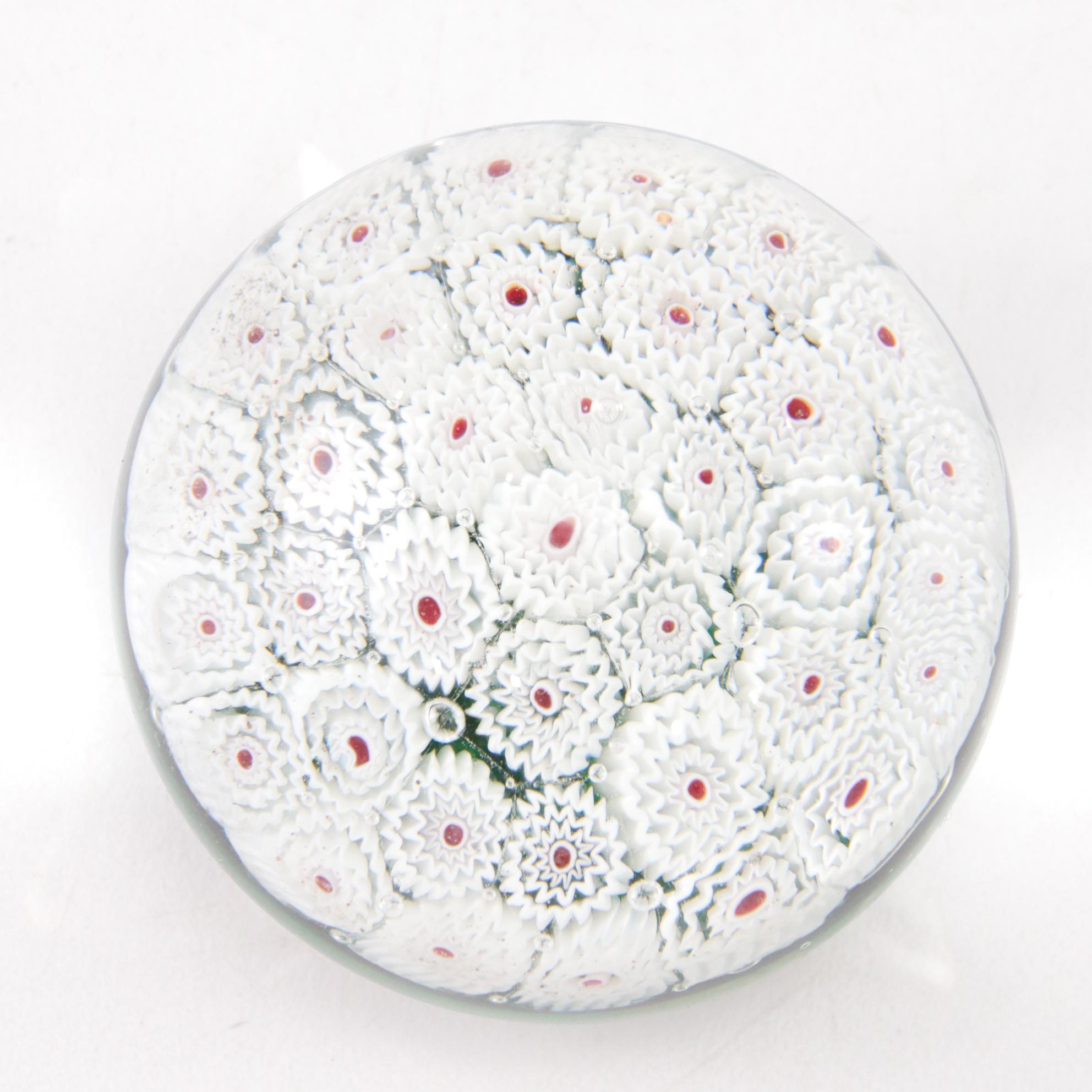 Millefiori Art Glass Paperweights Featuring Perthshire and Footed Design