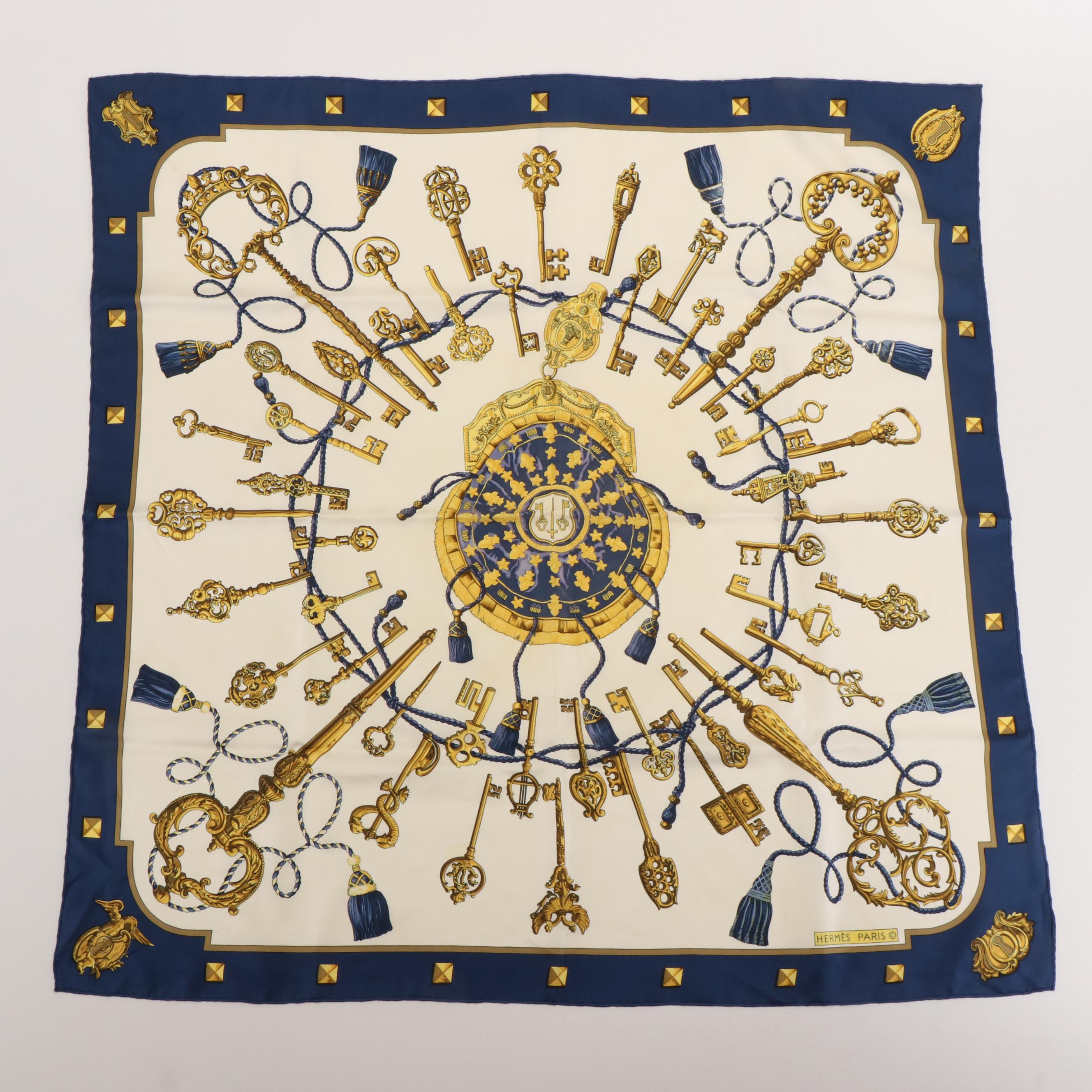Hermès Early Issue "Les Cles" Silk Twill Scarf 90 with Box