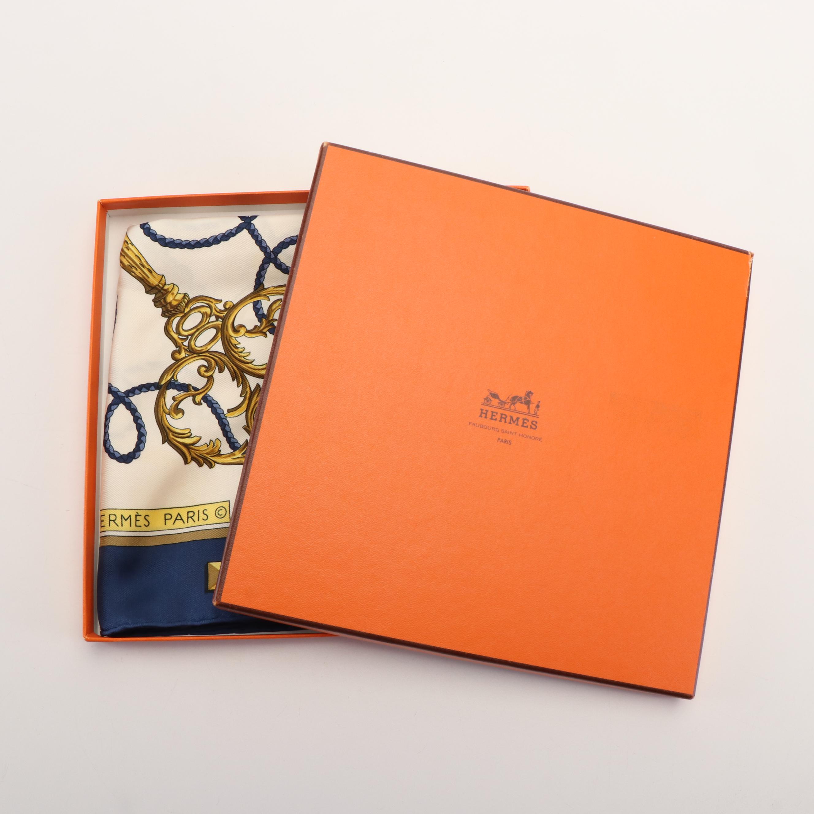 Hermès Early Issue "Les Cles" Silk Twill Scarf 90 with Box