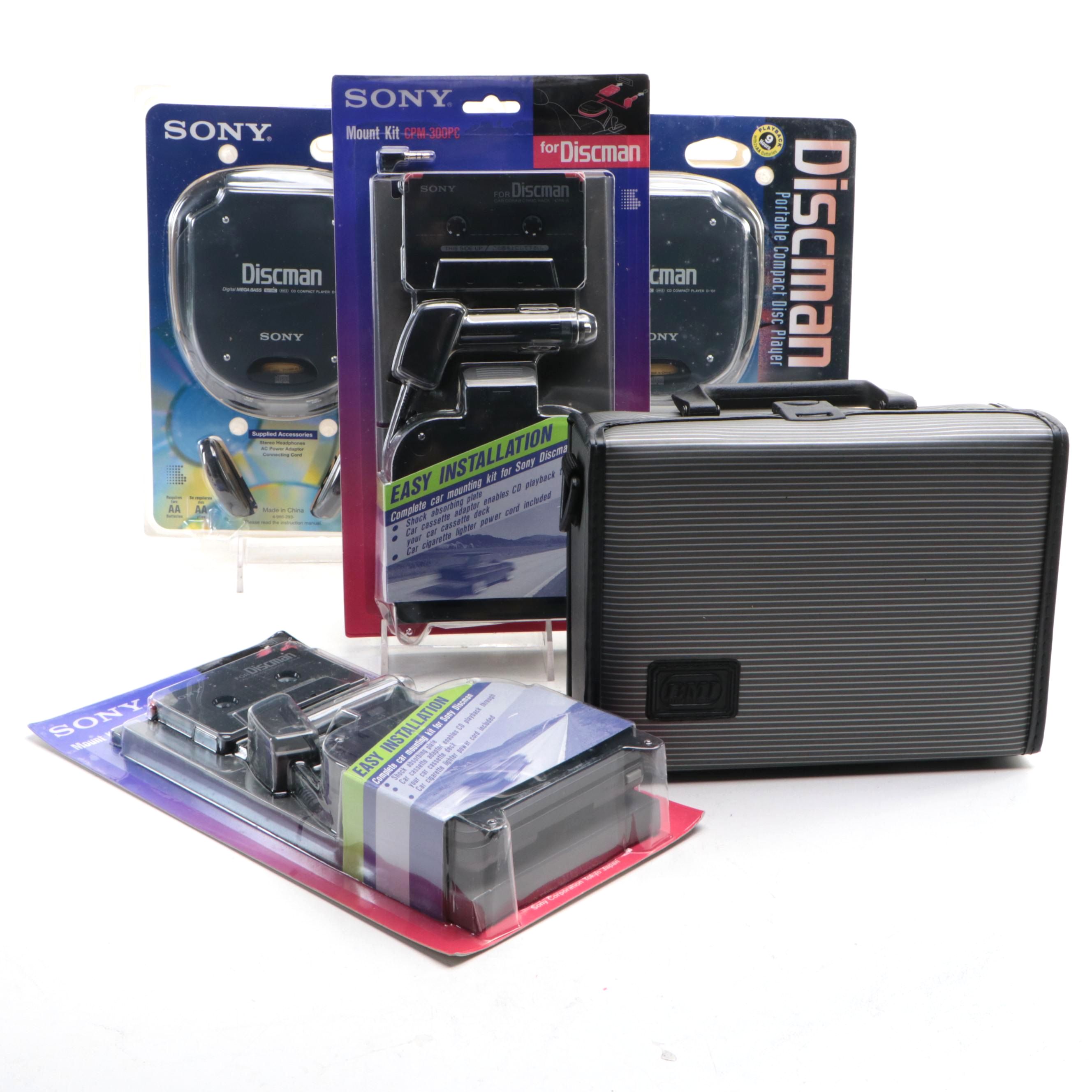 Sony Discmans and Car Mount Kits with Audio Cassette Tapes and Storage Case