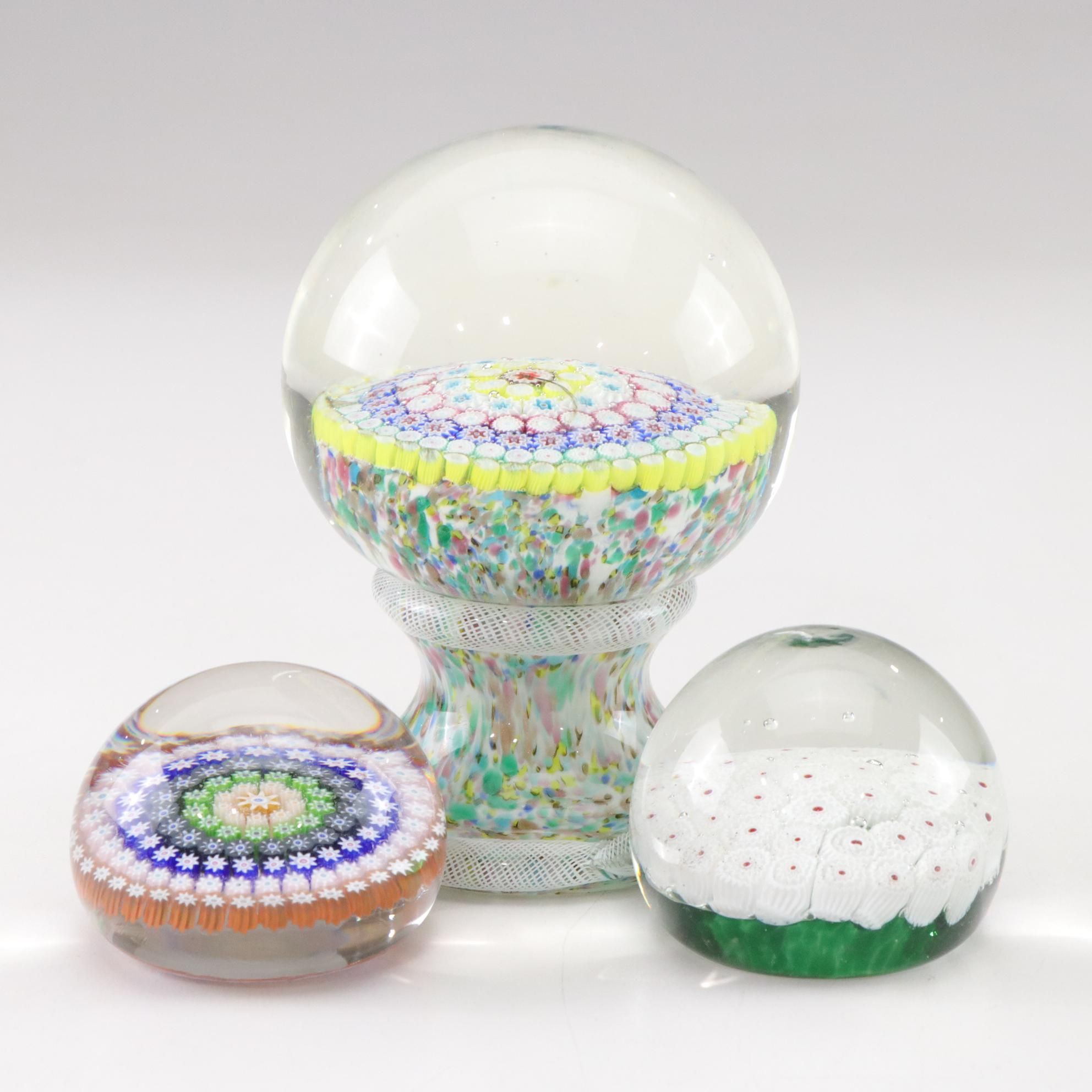Millefiori Art Glass Paperweights Featuring Perthshire and Footed Design