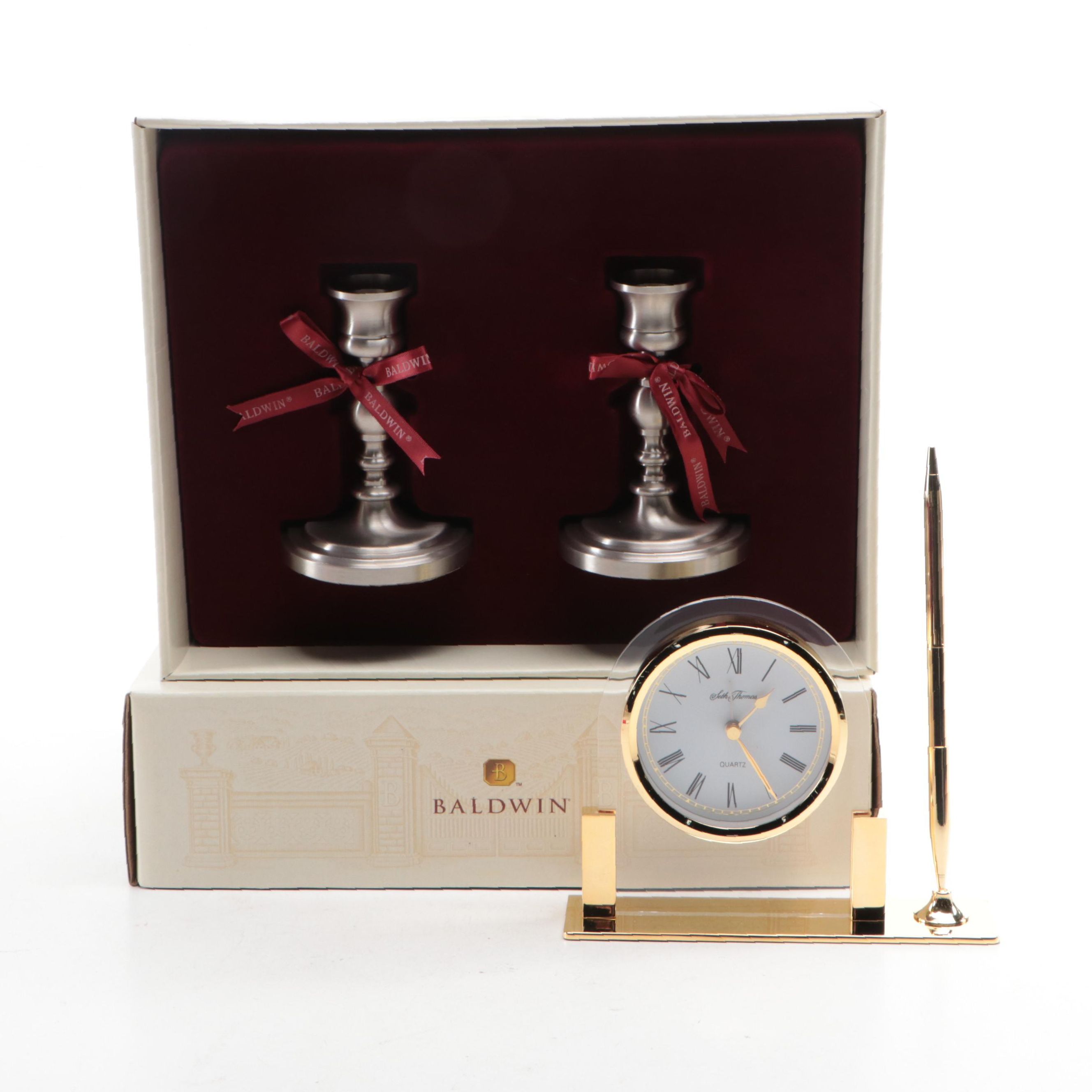 Pair of Baldwin Turned Pewter Candlesticks with Seth Thomas Desk Clock