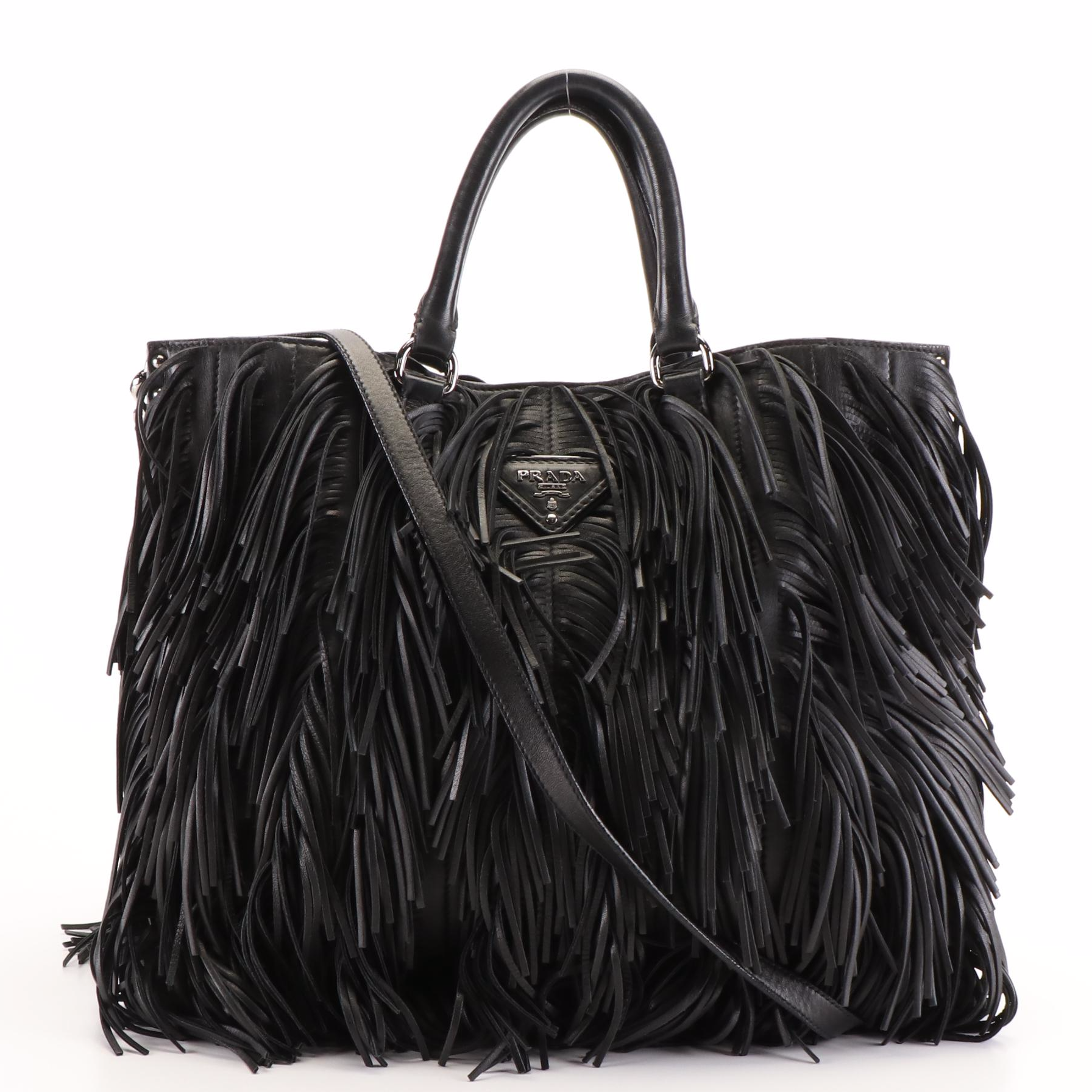 Prada Fringe Tote Bag in Black Leather