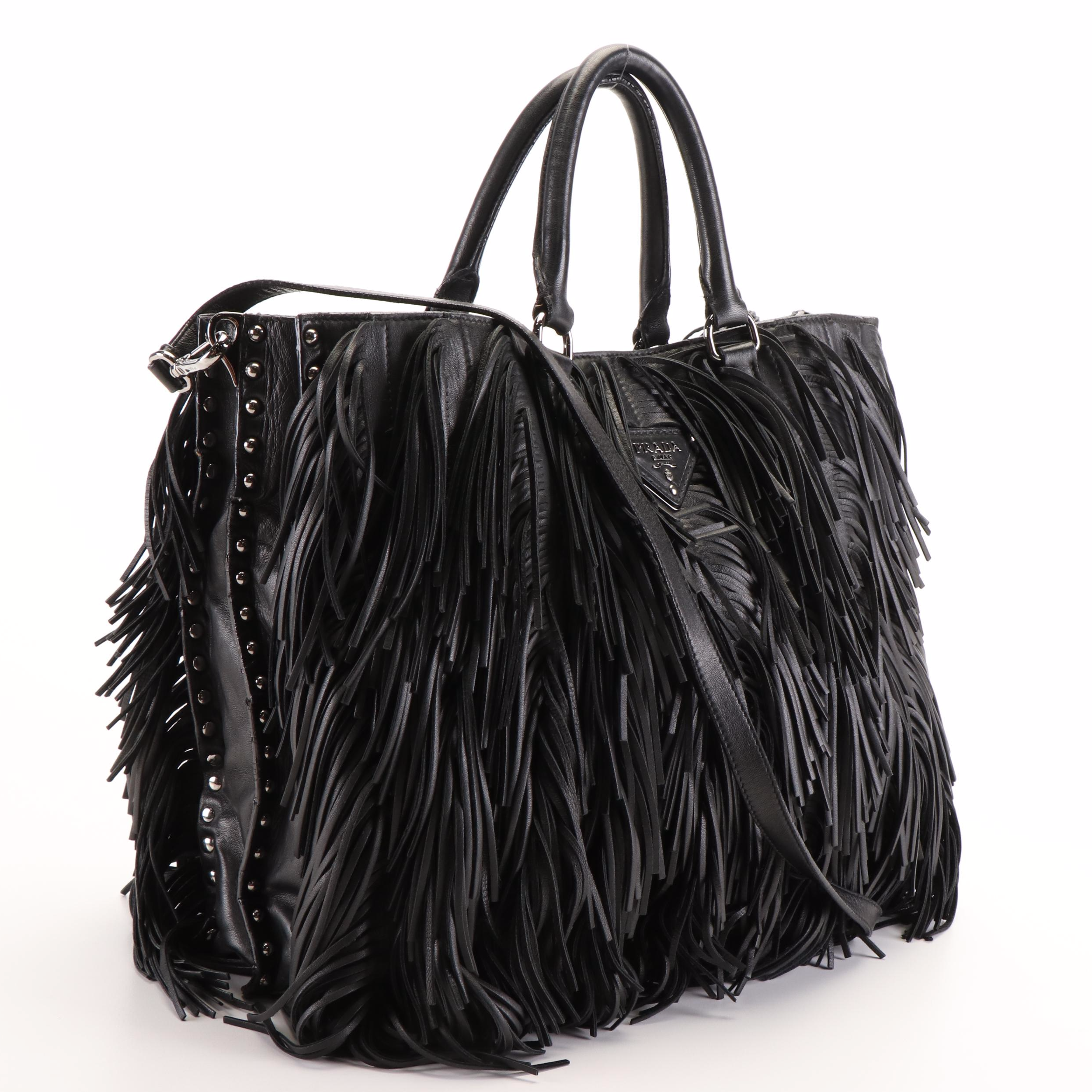 Prada Fringe Tote Bag in Black Leather