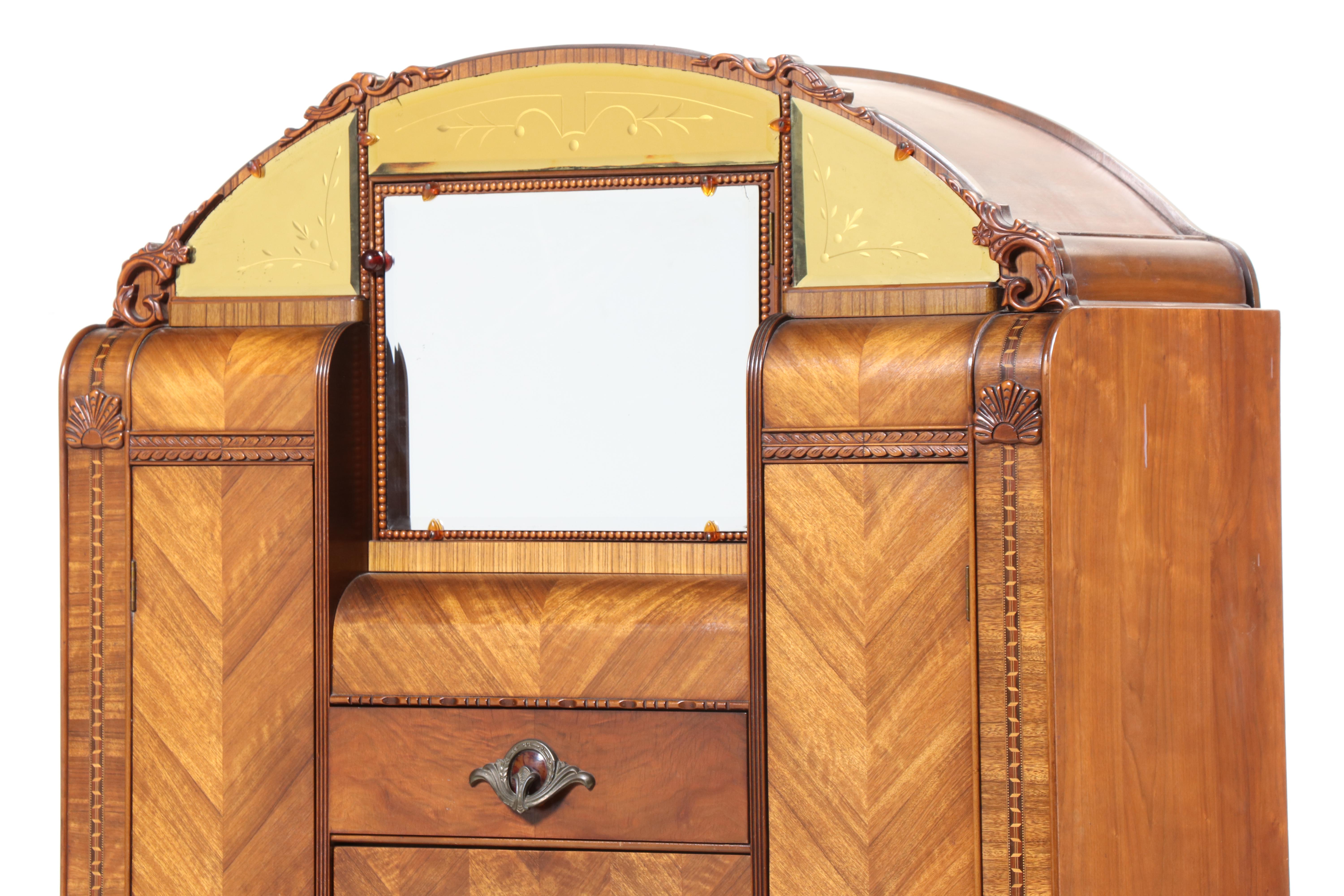 Jiranek Art Deco Walnut and Etched Glass Chifforobe with Secretary, Circa 1930