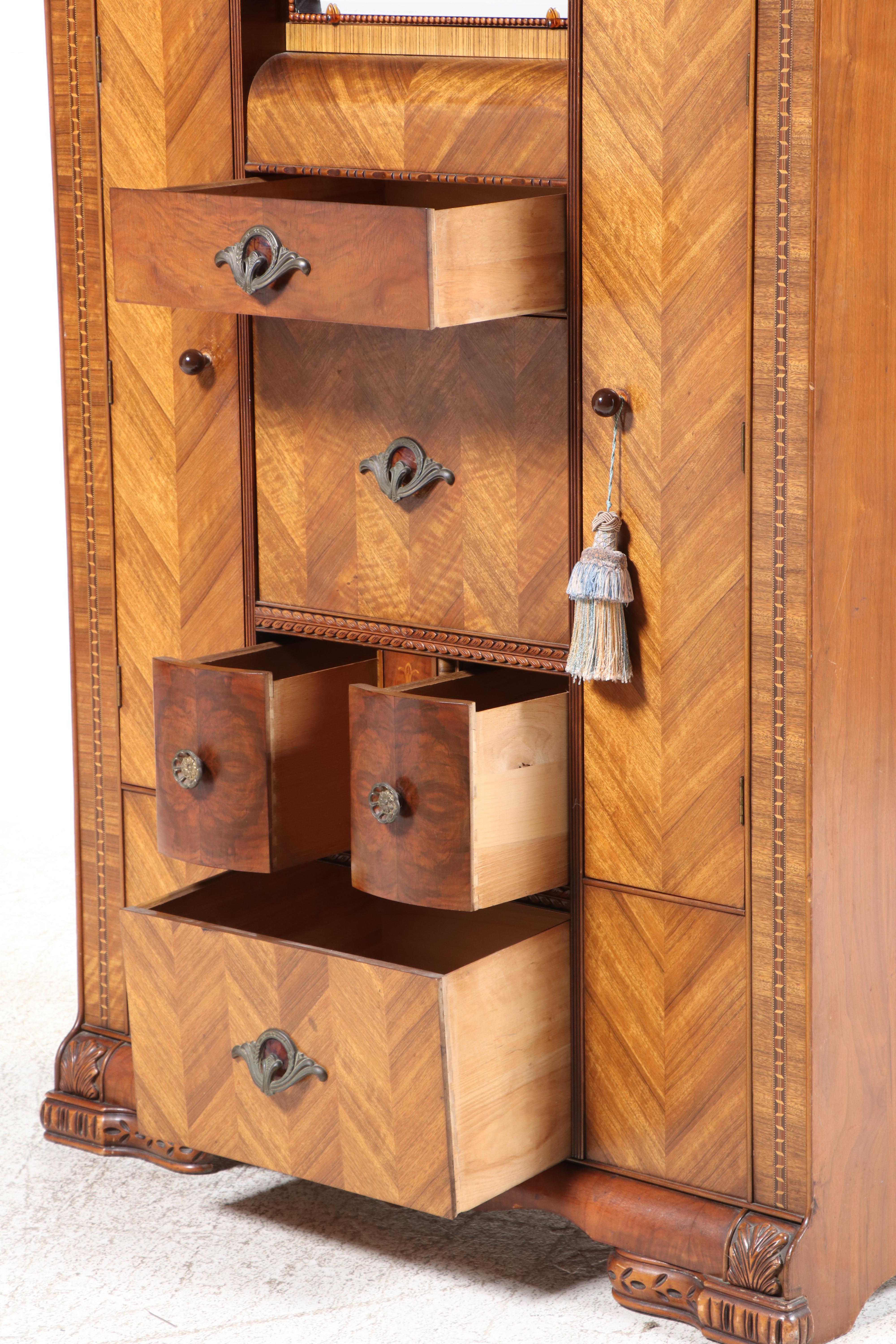 Jiranek Art Deco Walnut and Etched Glass Chifforobe with Secretary, Circa 1930