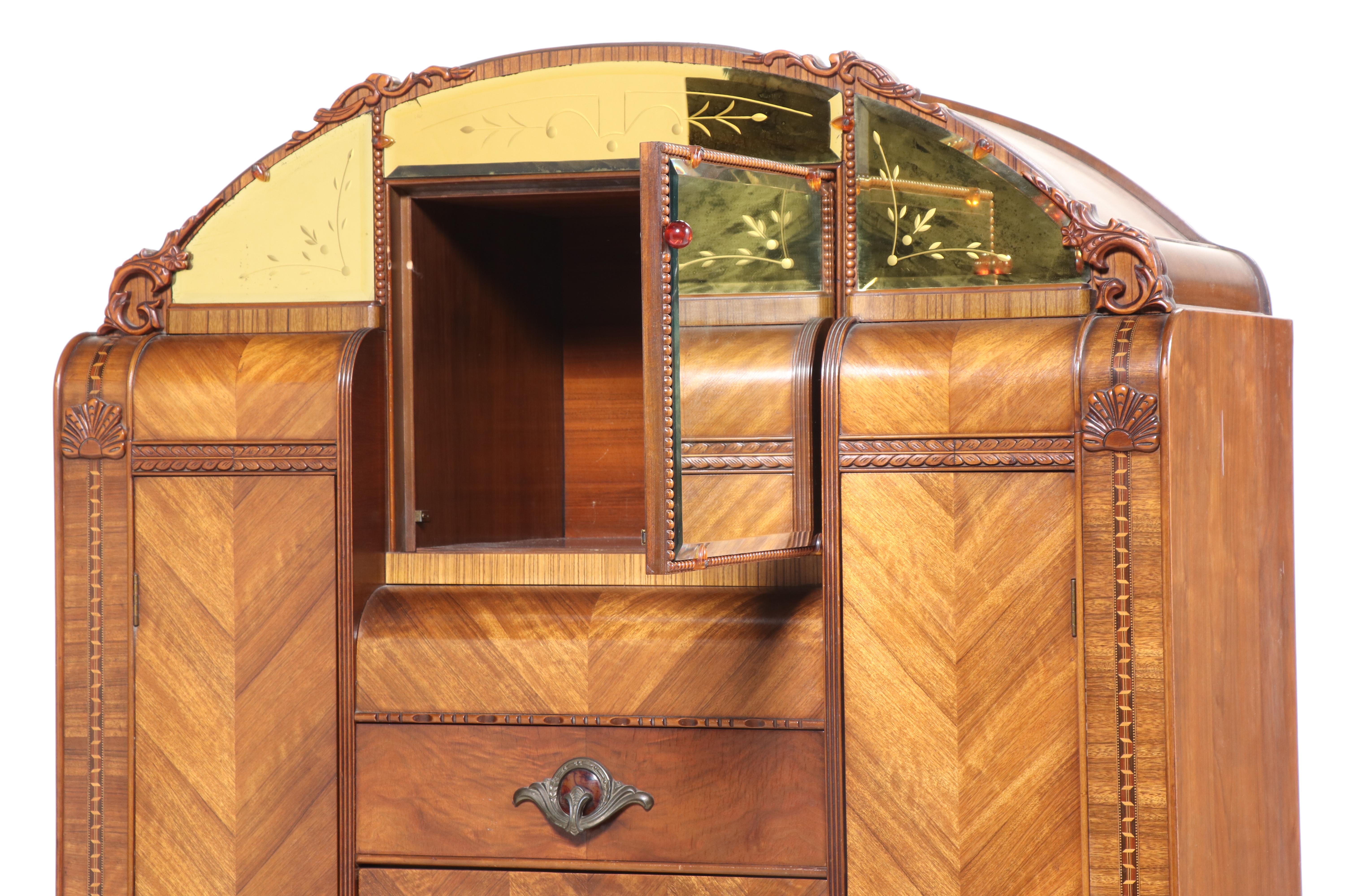 Jiranek Art Deco Walnut and Etched Glass Chifforobe with Secretary, Circa 1930