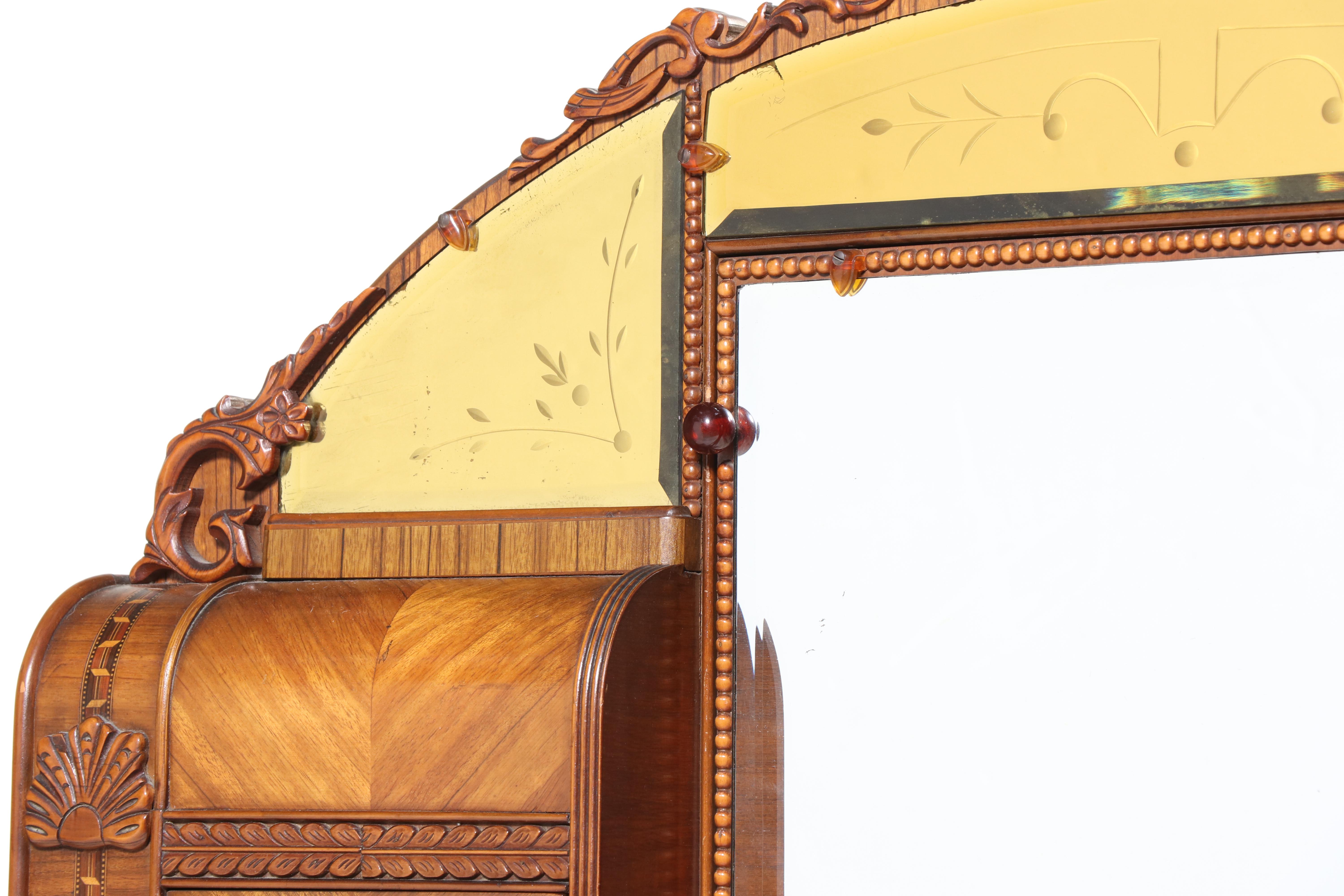 Jiranek Art Deco Walnut and Etched Glass Chifforobe with Secretary, Circa 1930