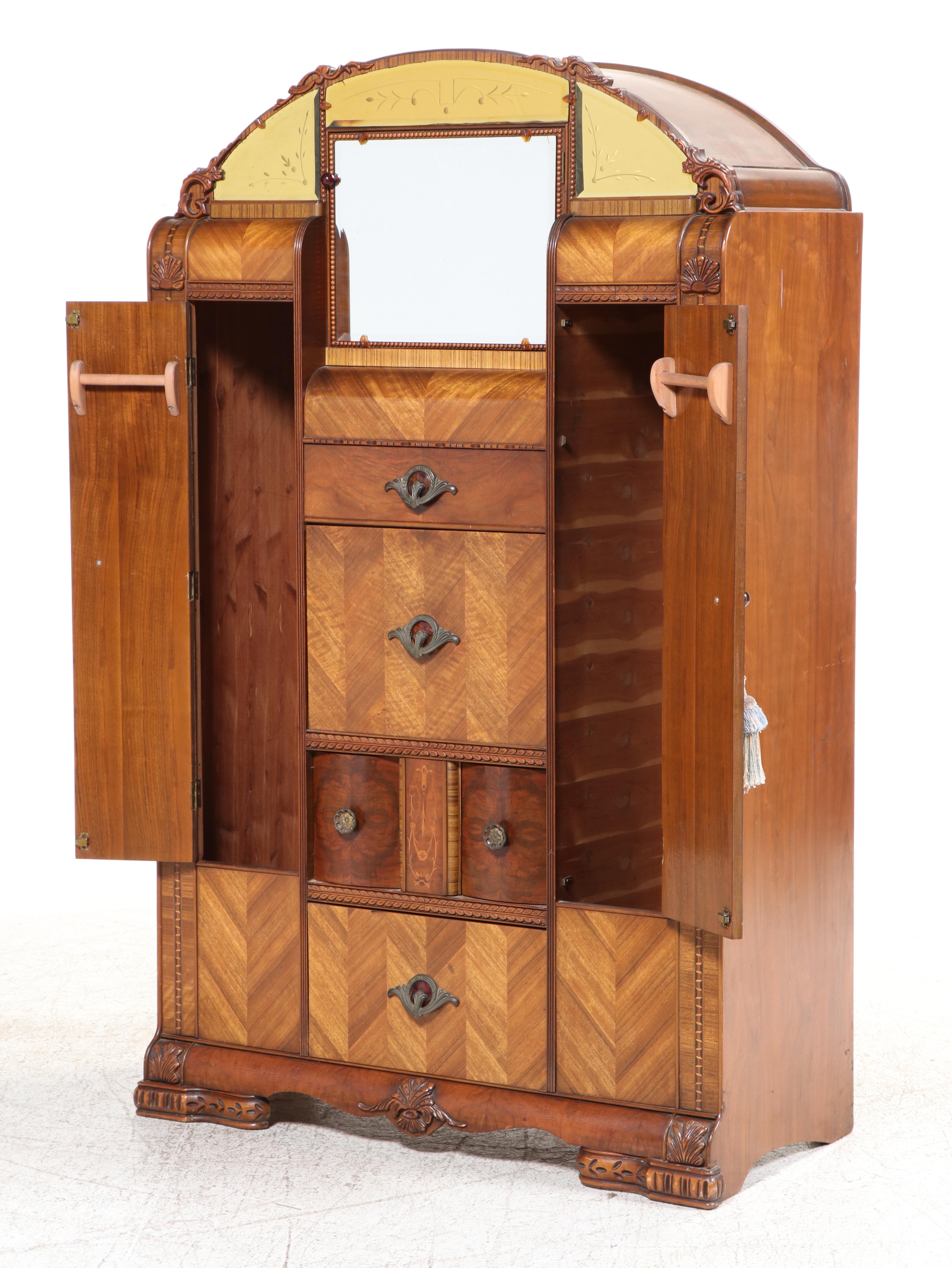 Jiranek Art Deco Walnut and Etched Glass Chifforobe with Secretary, Circa 1930