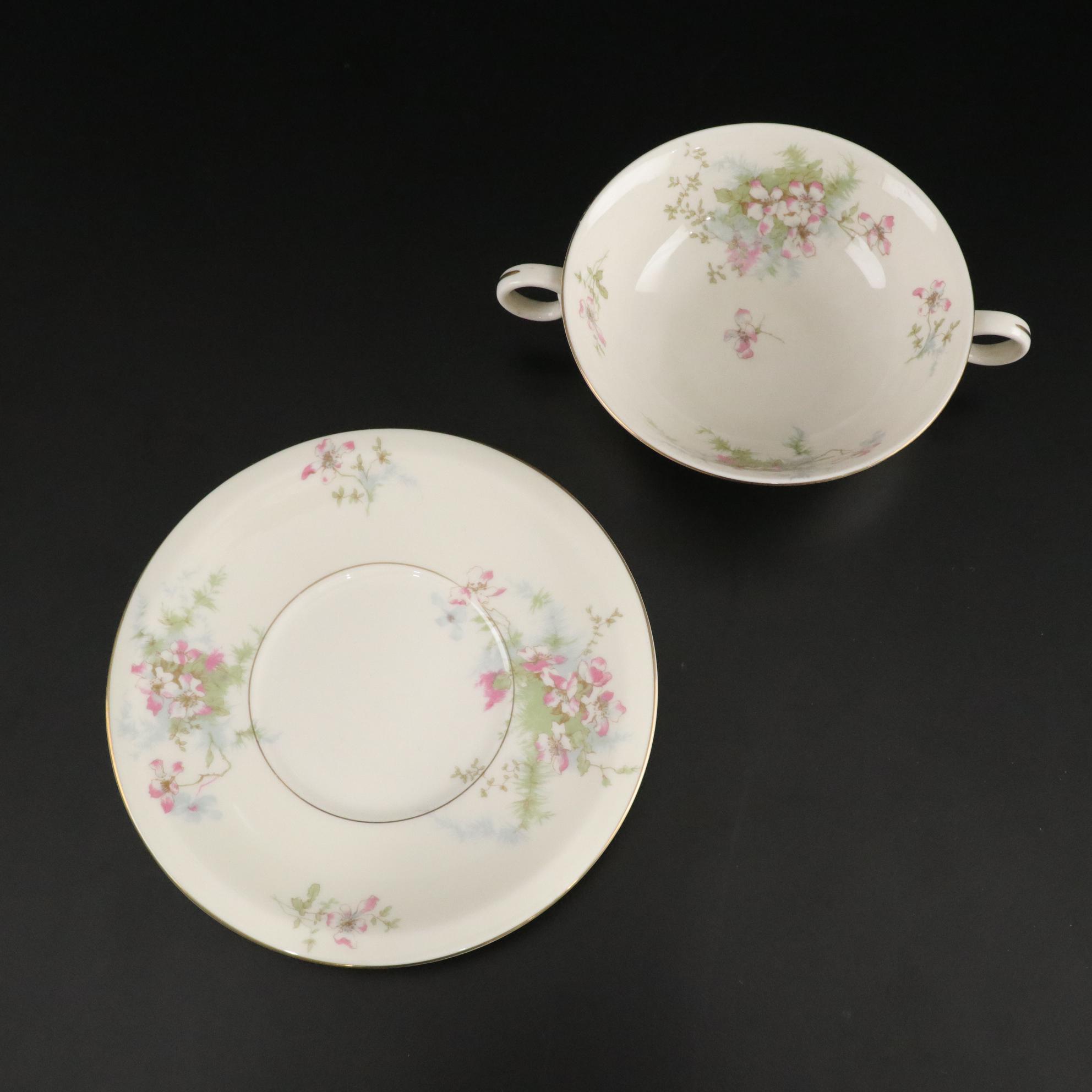 Theodore Haviland "Apple Blossom" Soup Coupes and Saucers, 1940-1989