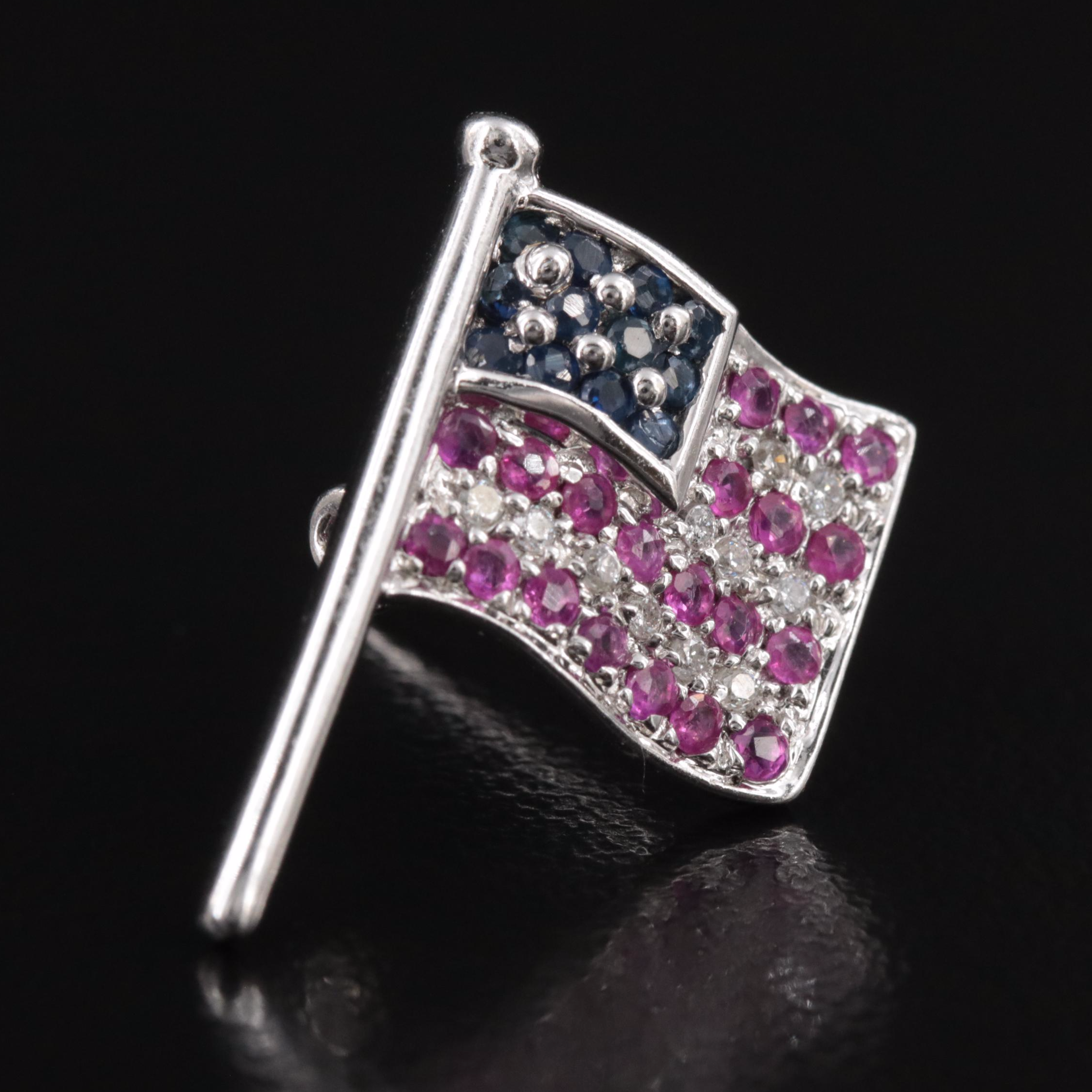 14K Ruby, Sapphire and Diamond American Flag Pin/Pendant
