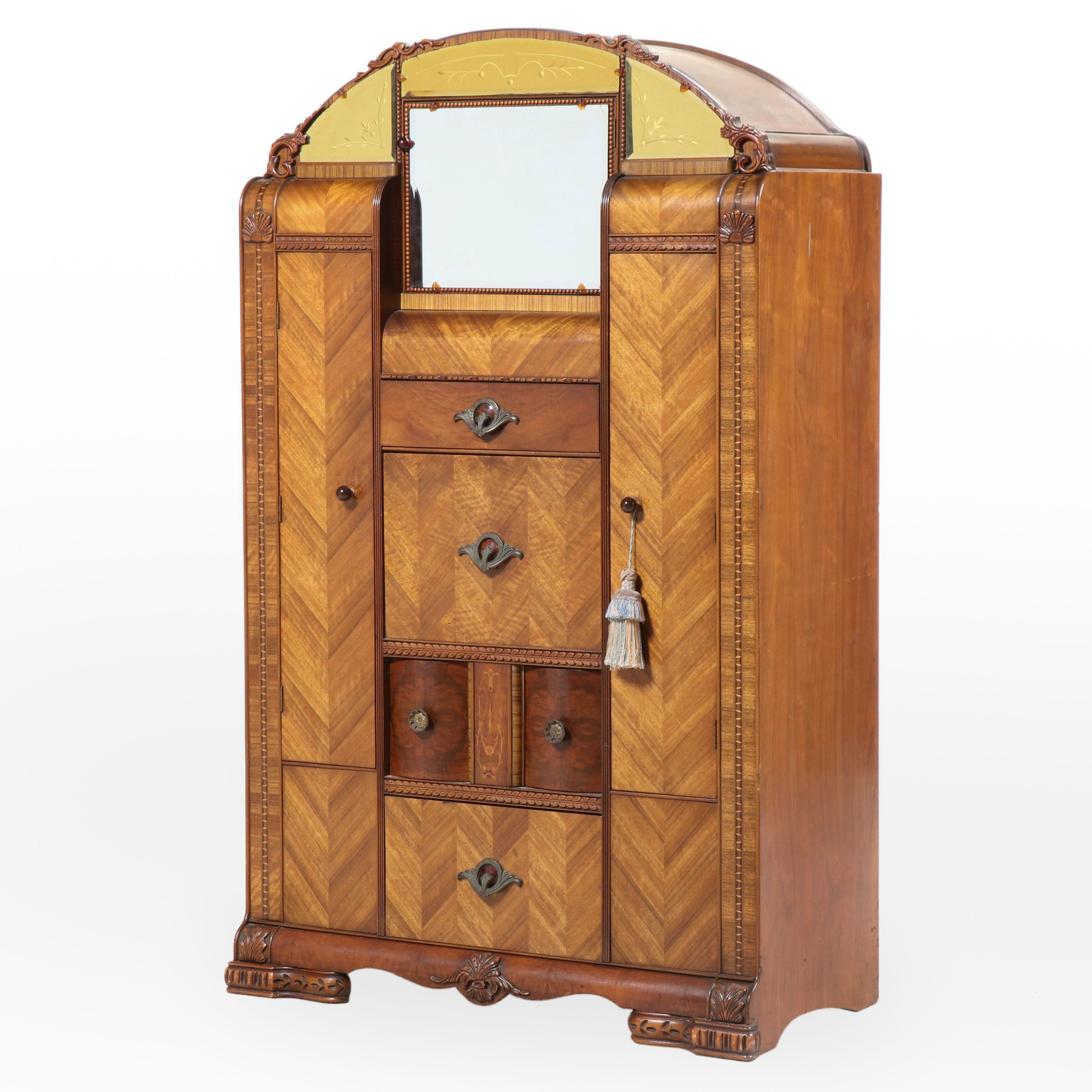 Jiranek Art Deco Walnut and Etched Glass Chifforobe with Secretary, Circa 1930