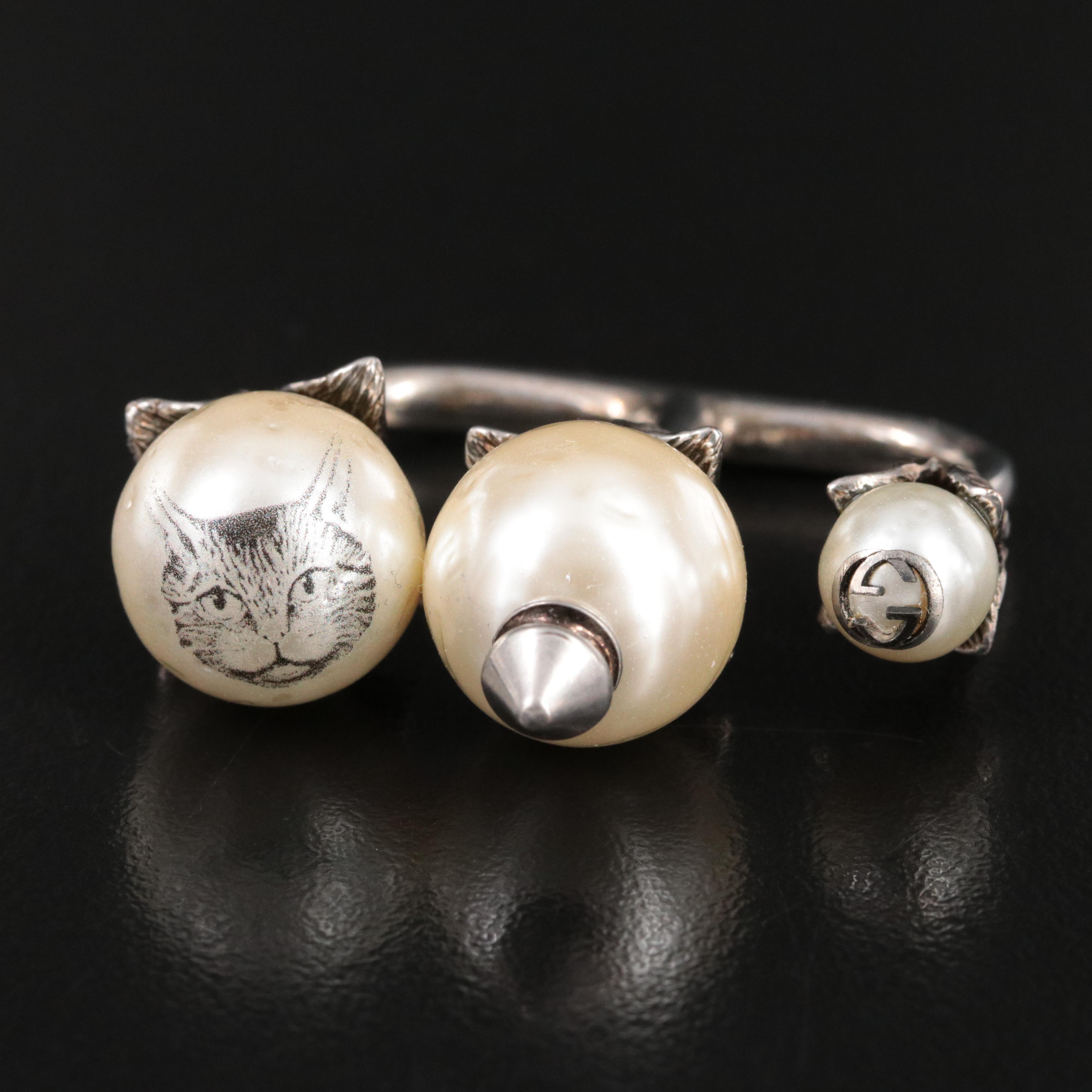 Gucci Faux Pearl Spike Feline Two Finger Ring