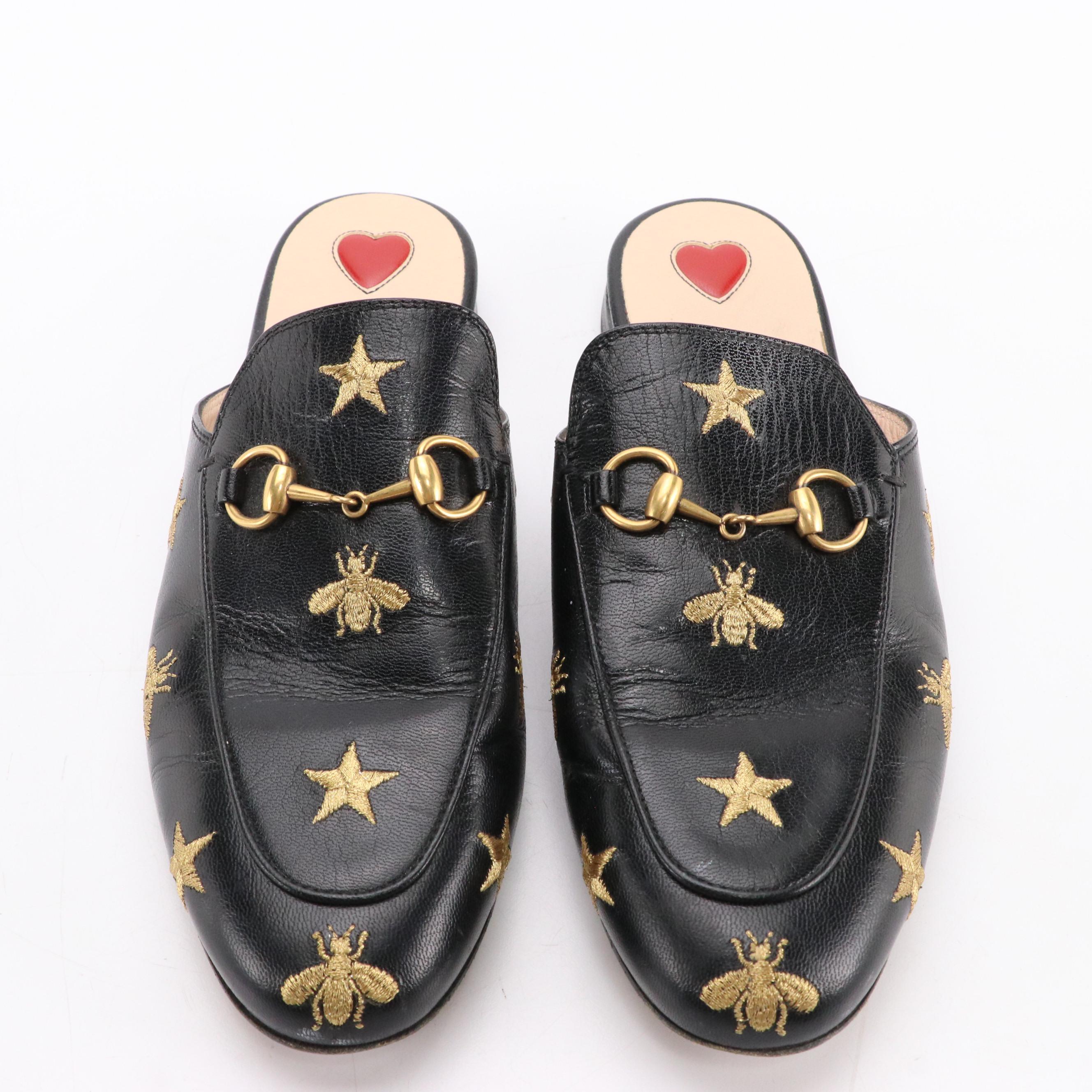 Gucci Black Bee Star Leather Horsebit Slip-On Mules