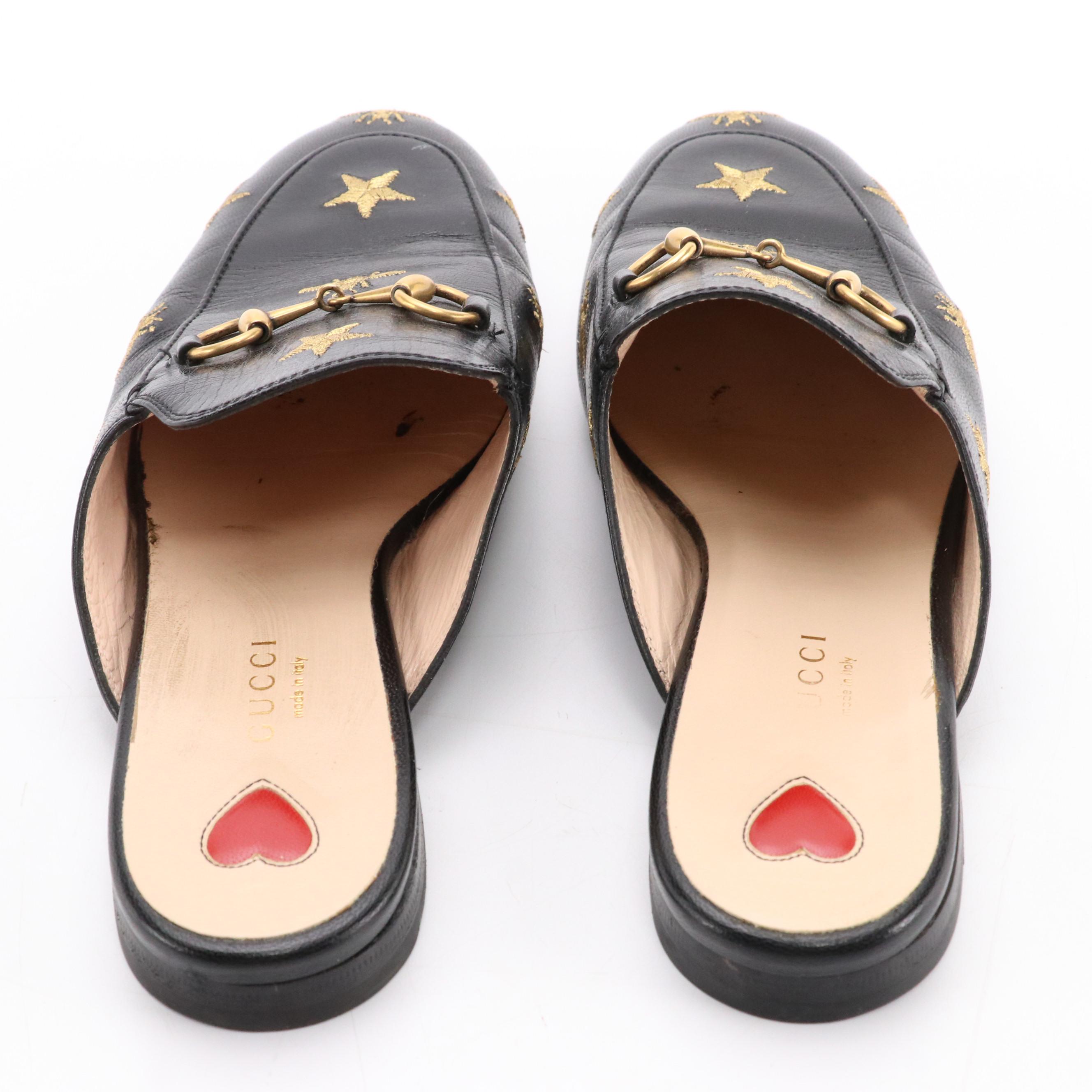 Gucci Black Bee Star Leather Horsebit Slip-On Mules