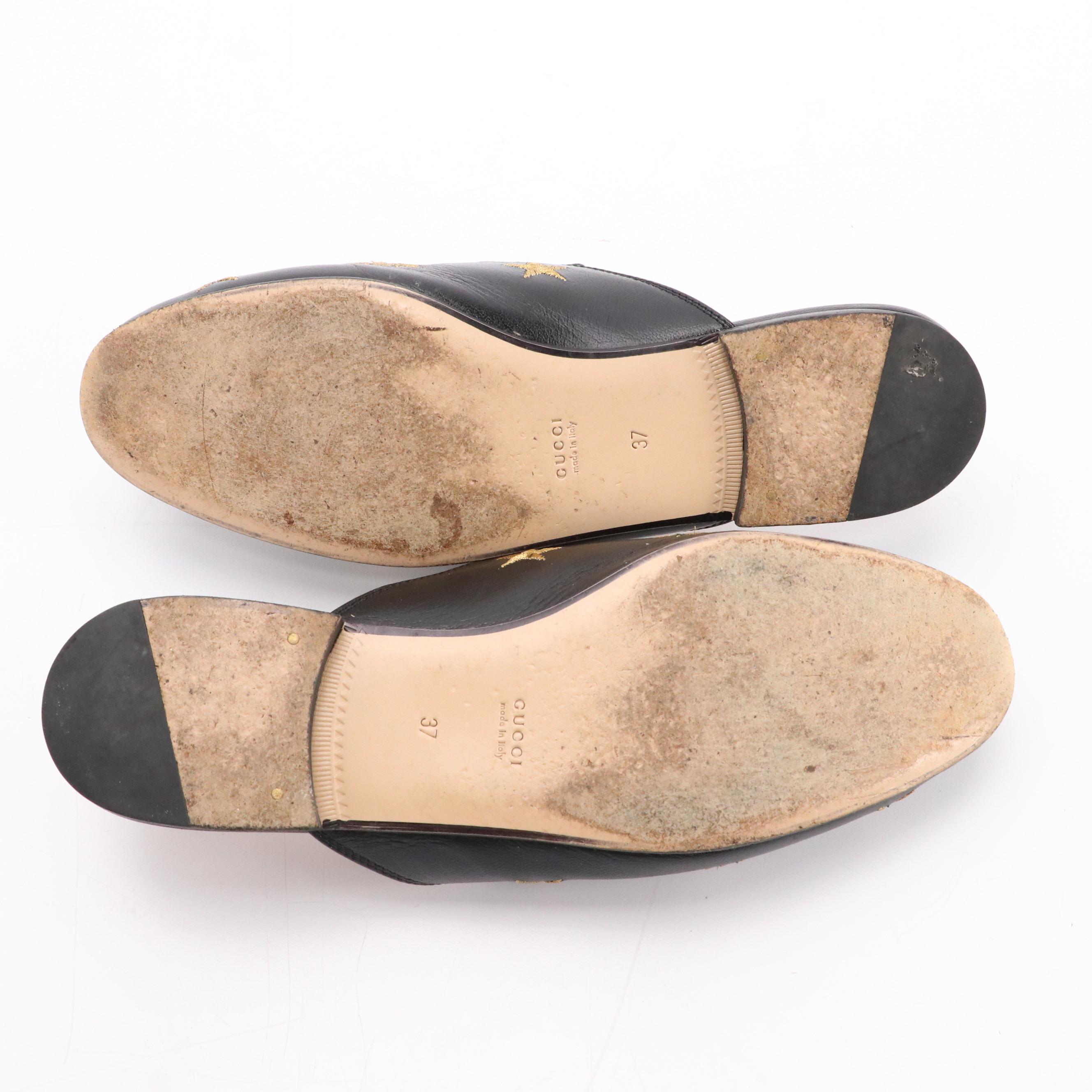 Gucci Black Bee Star Leather Horsebit Slip-On Mules