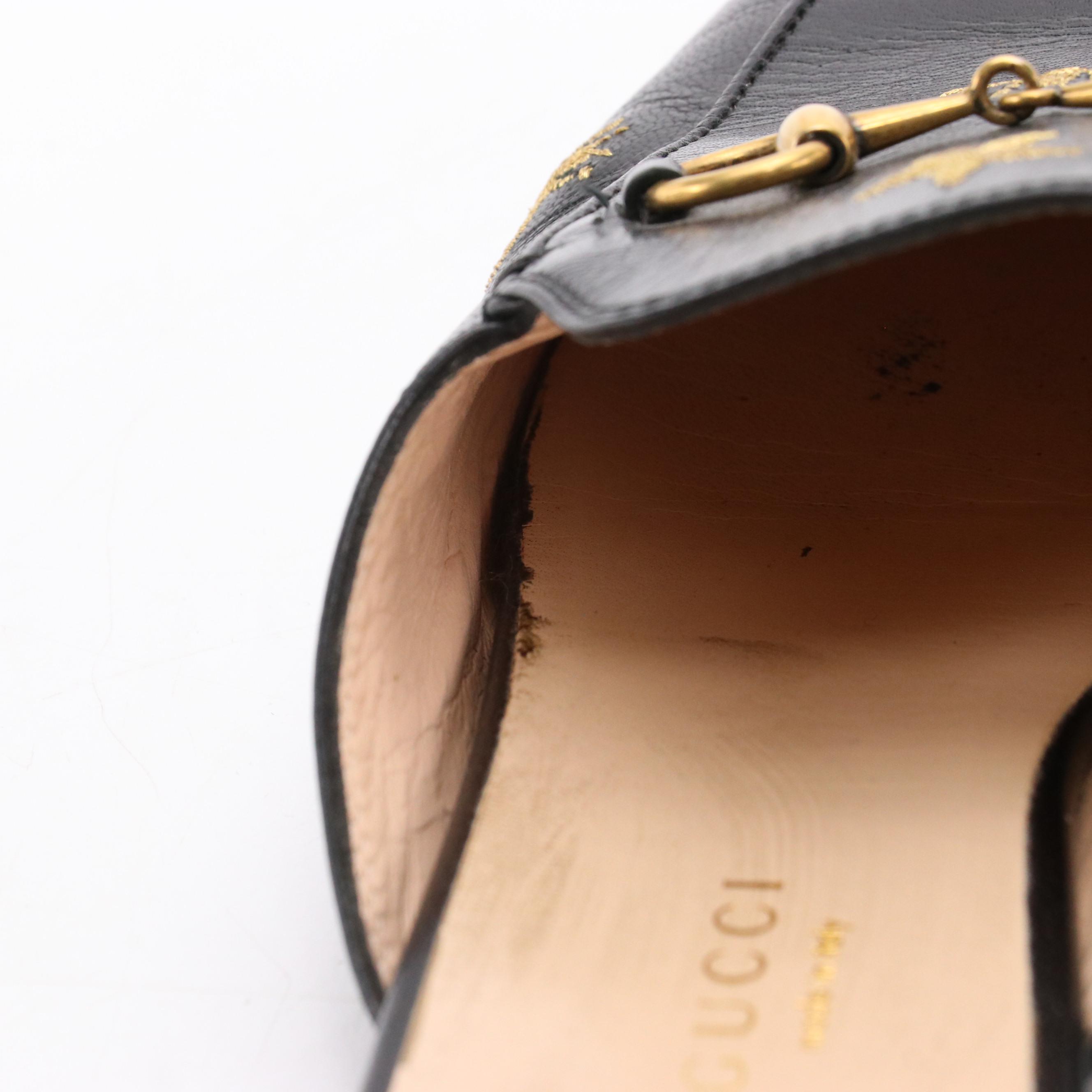 Gucci Black Bee Star Leather Horsebit Slip-On Mules