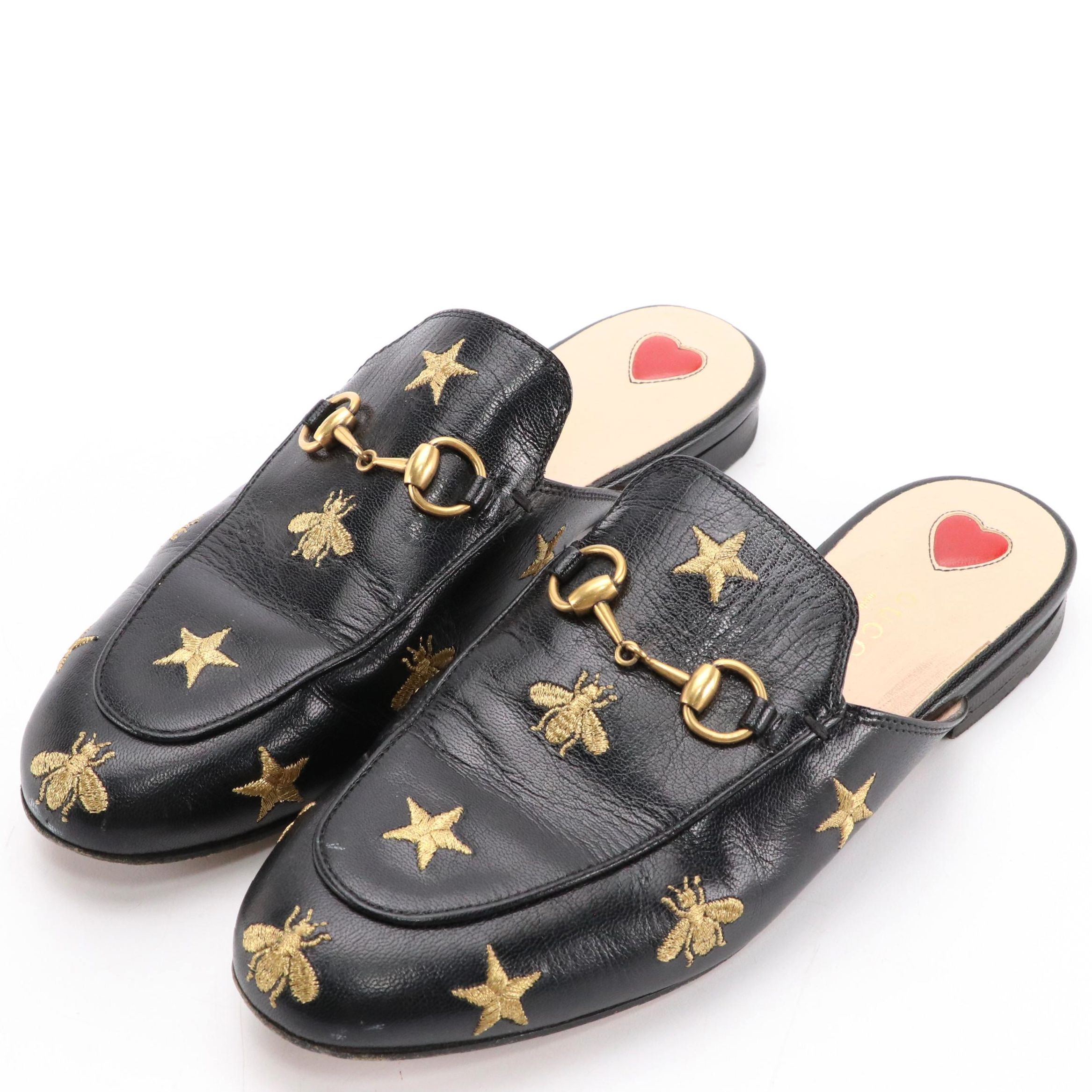 Gucci Black Bee Star Leather Horsebit Slip-On Mules
