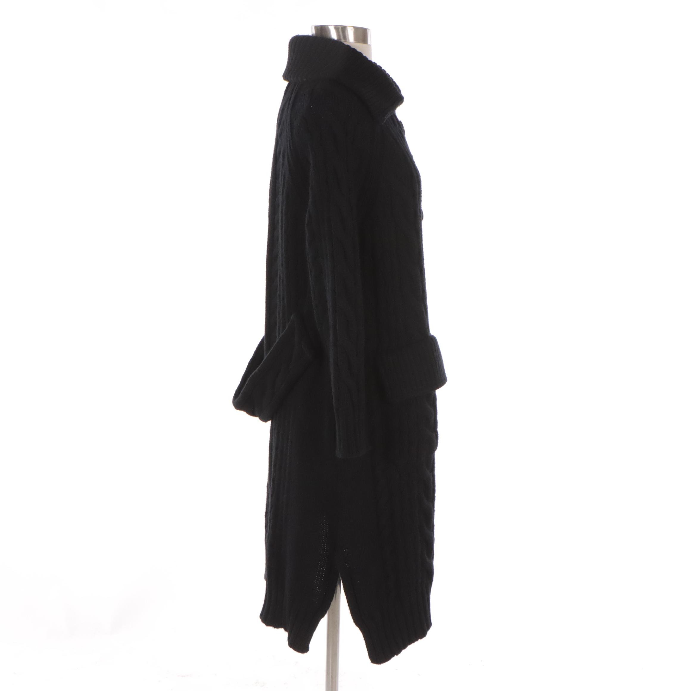 Prada Black Wool Cable Knit Collared Cardigan Sweater