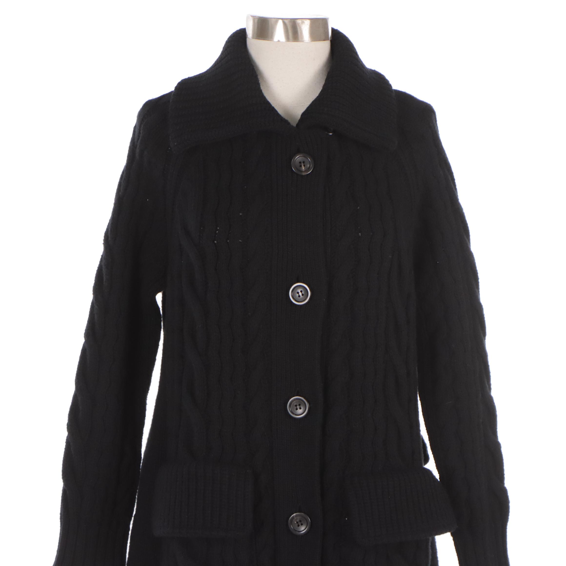 Prada Black Wool Cable Knit Collared Cardigan Sweater