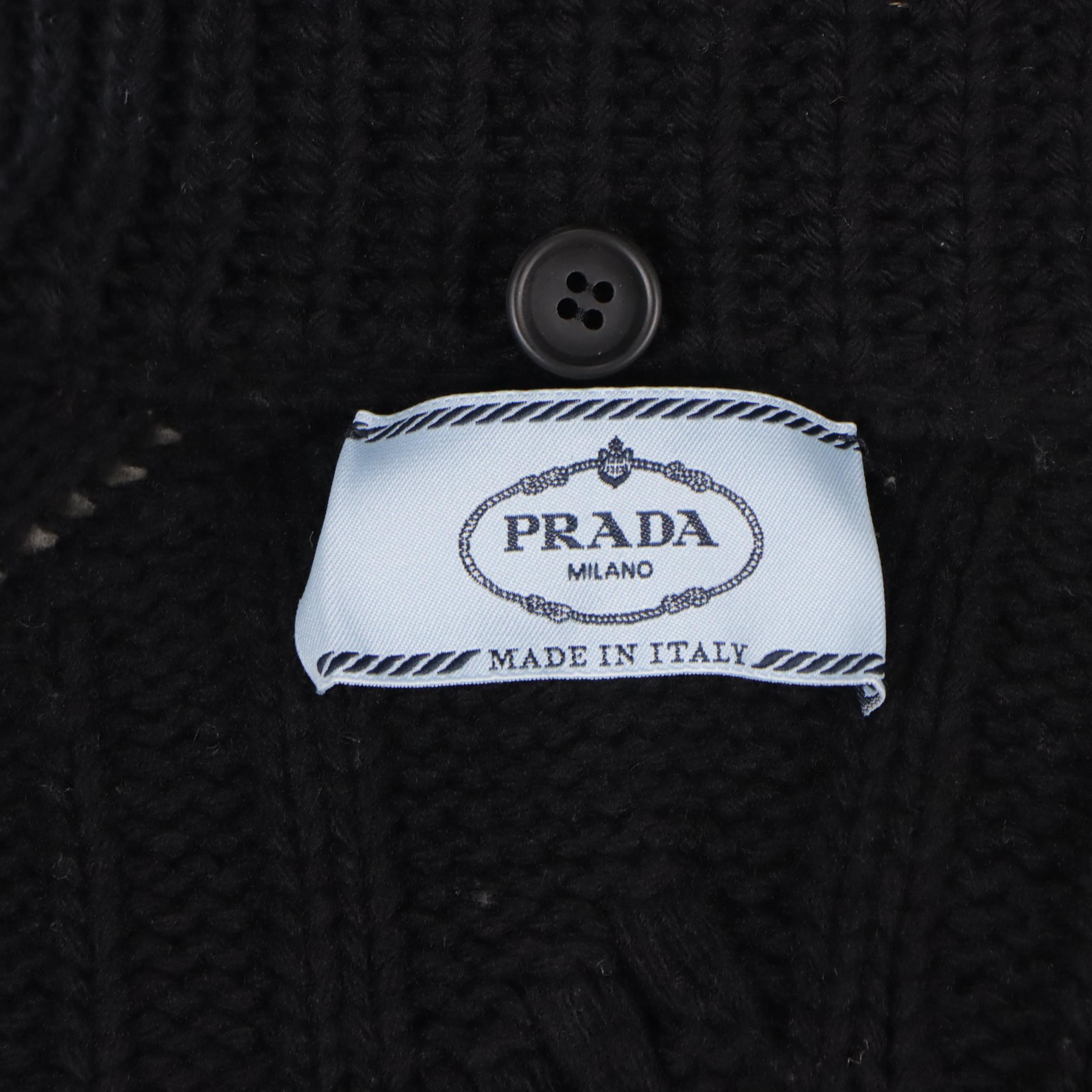 Prada Black Wool Cable Knit Collared Cardigan Sweater