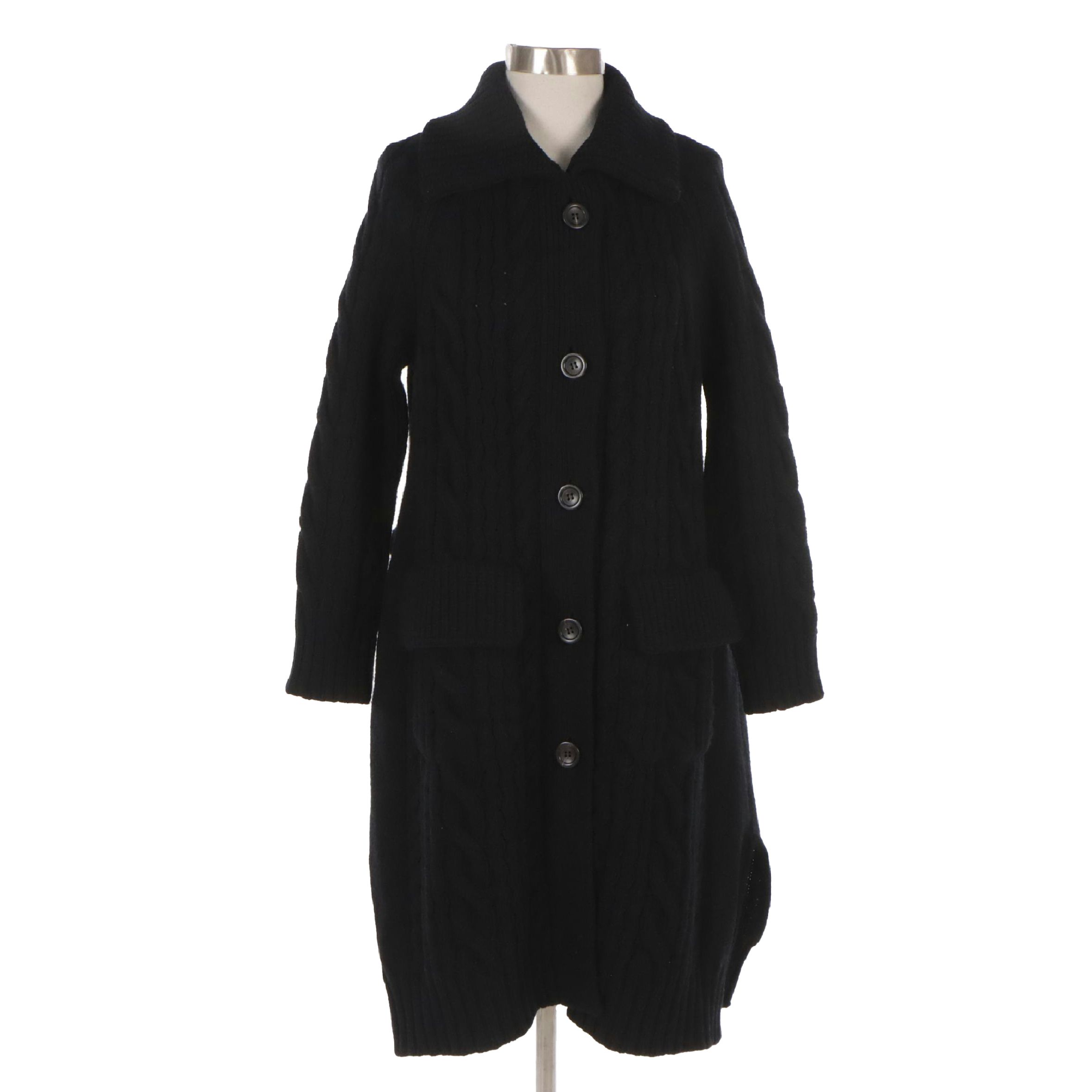 Prada Black Wool Cable Knit Collared Cardigan Sweater