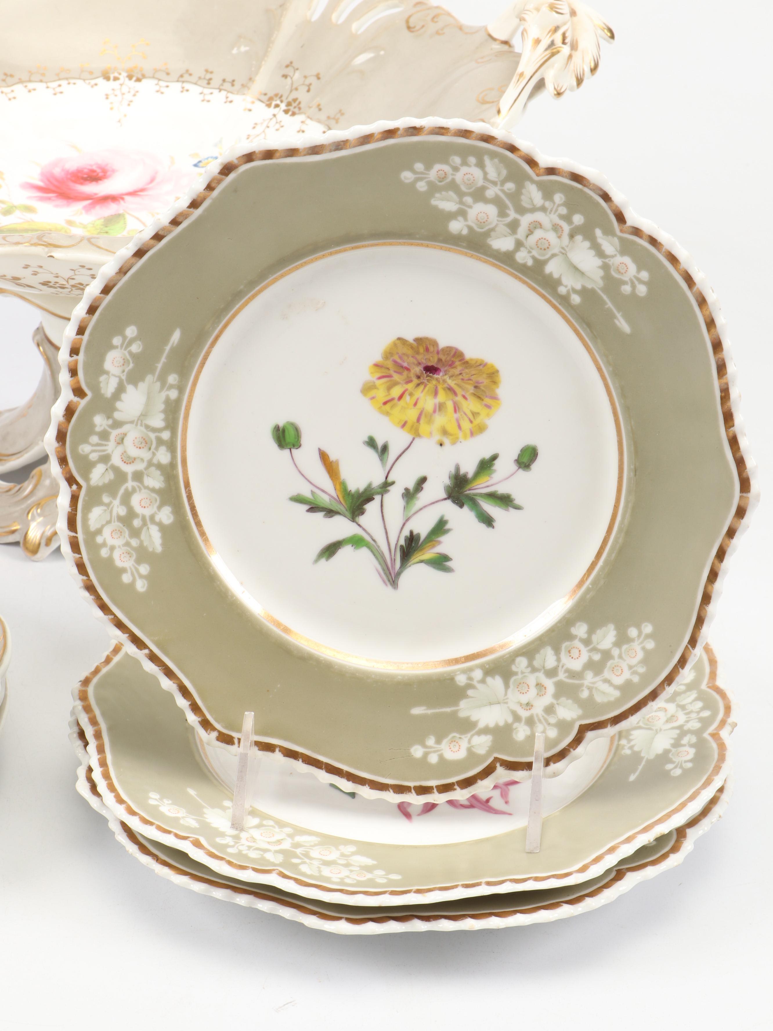 English Porcelain Botanical Dessert Service, Early to Mid-19th Century
