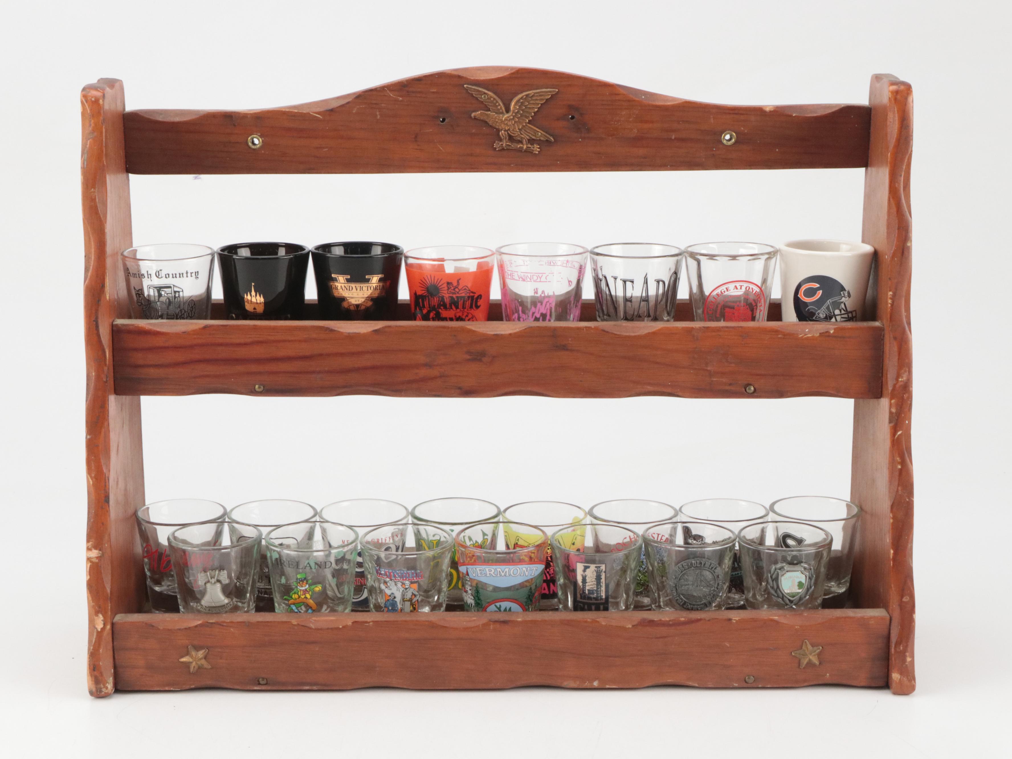 Souvenir and Collectible Shot Glasses with Wood Spice Racks