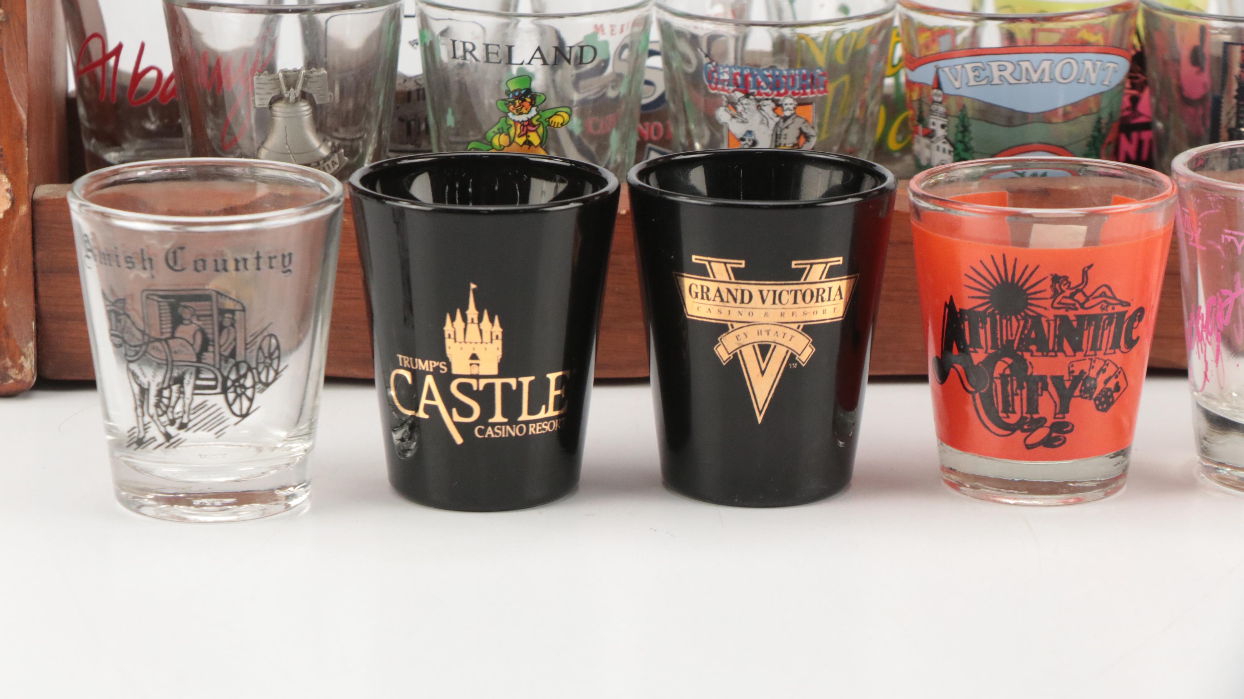 Souvenir and Collectible Shot Glasses with Wood Spice Racks