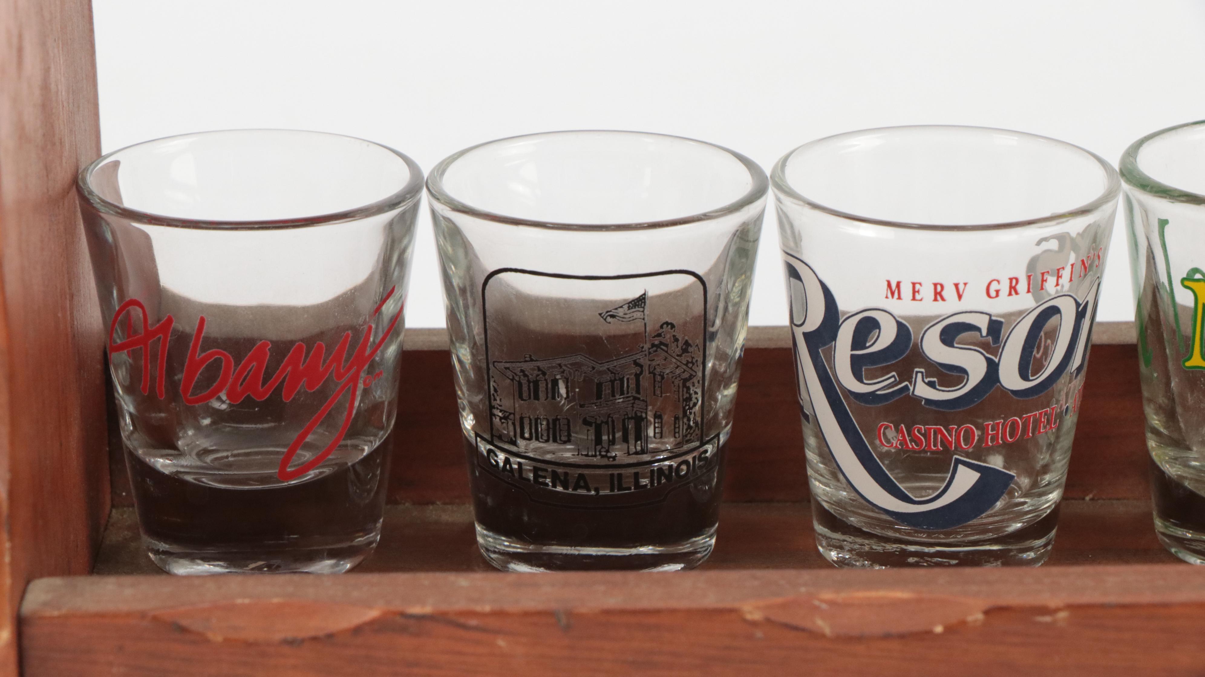 Souvenir and Collectible Shot Glasses with Wood Spice Racks