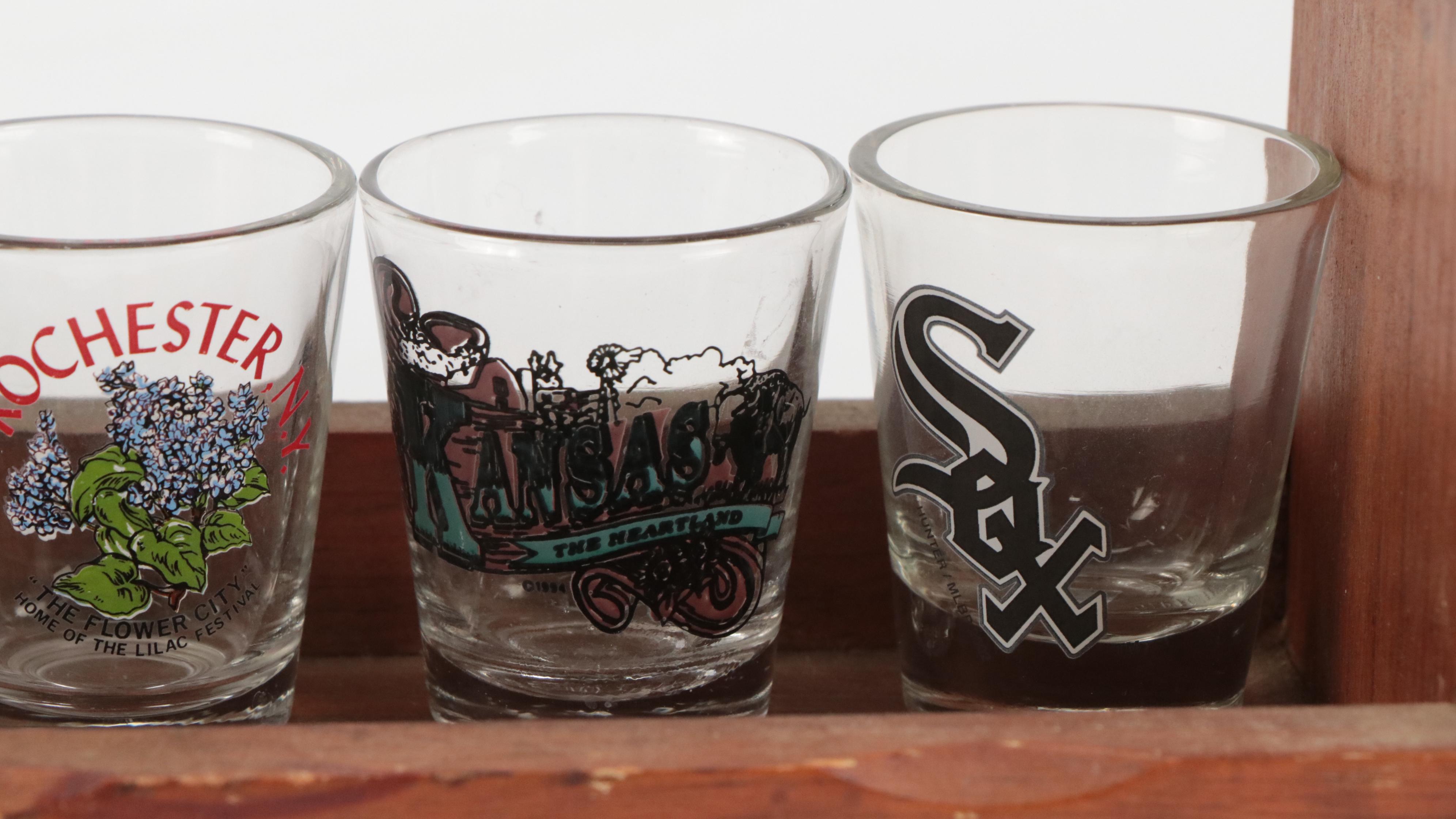 Souvenir and Collectible Shot Glasses with Wood Spice Racks