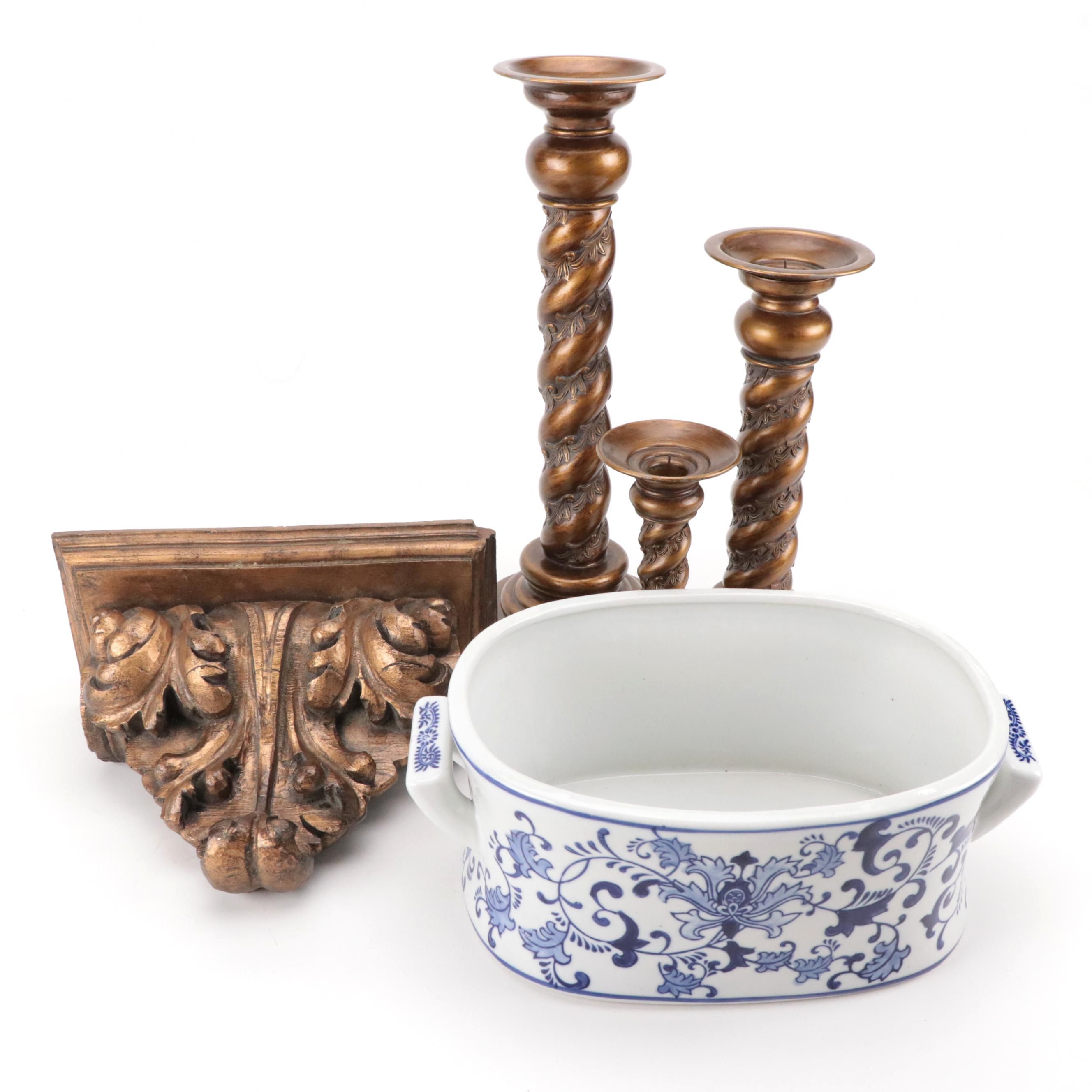 Spiral Candlesticks, Gilt Wood Corbel and Chinese Porcelain Terrine